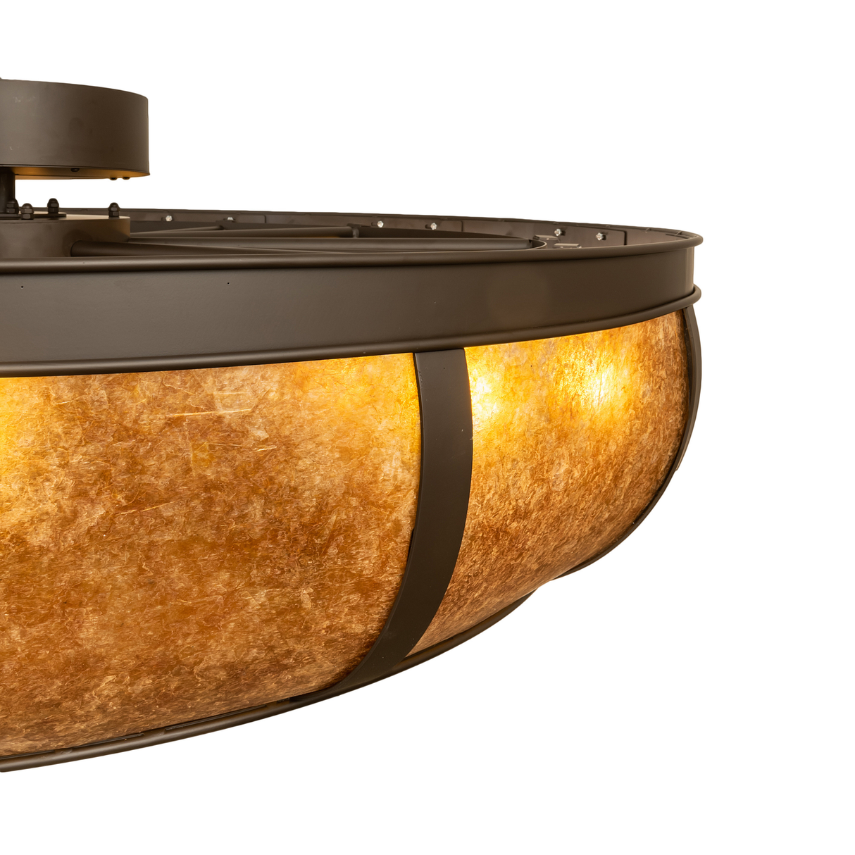 Detailed view of handcrafted amber mica panels with warm illumination.