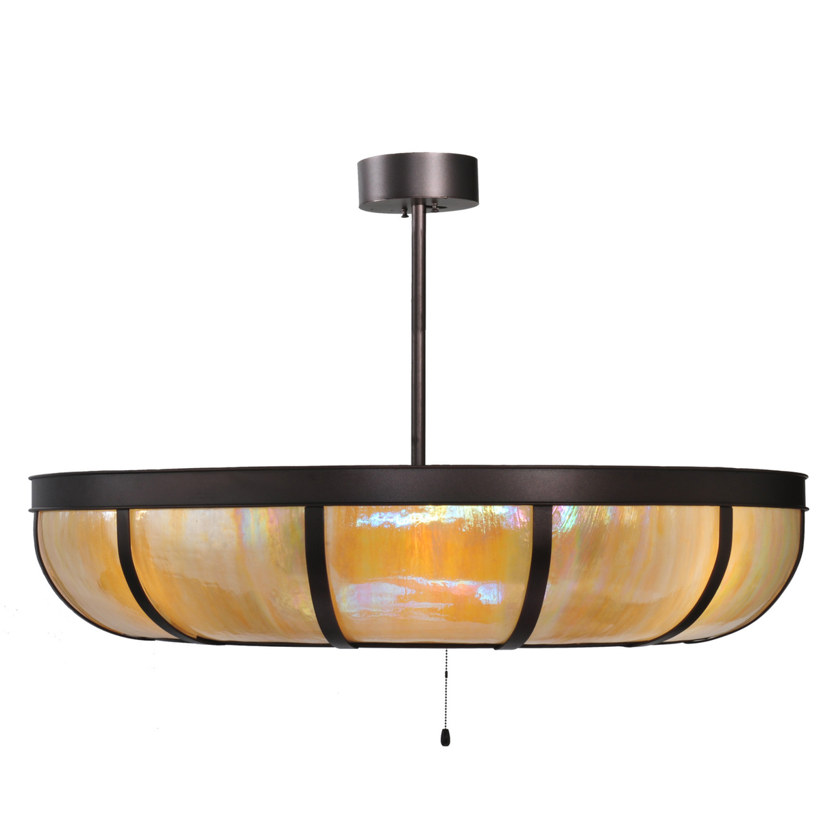 Side lit view emphasizing curved dome shape and glowing amber finish.