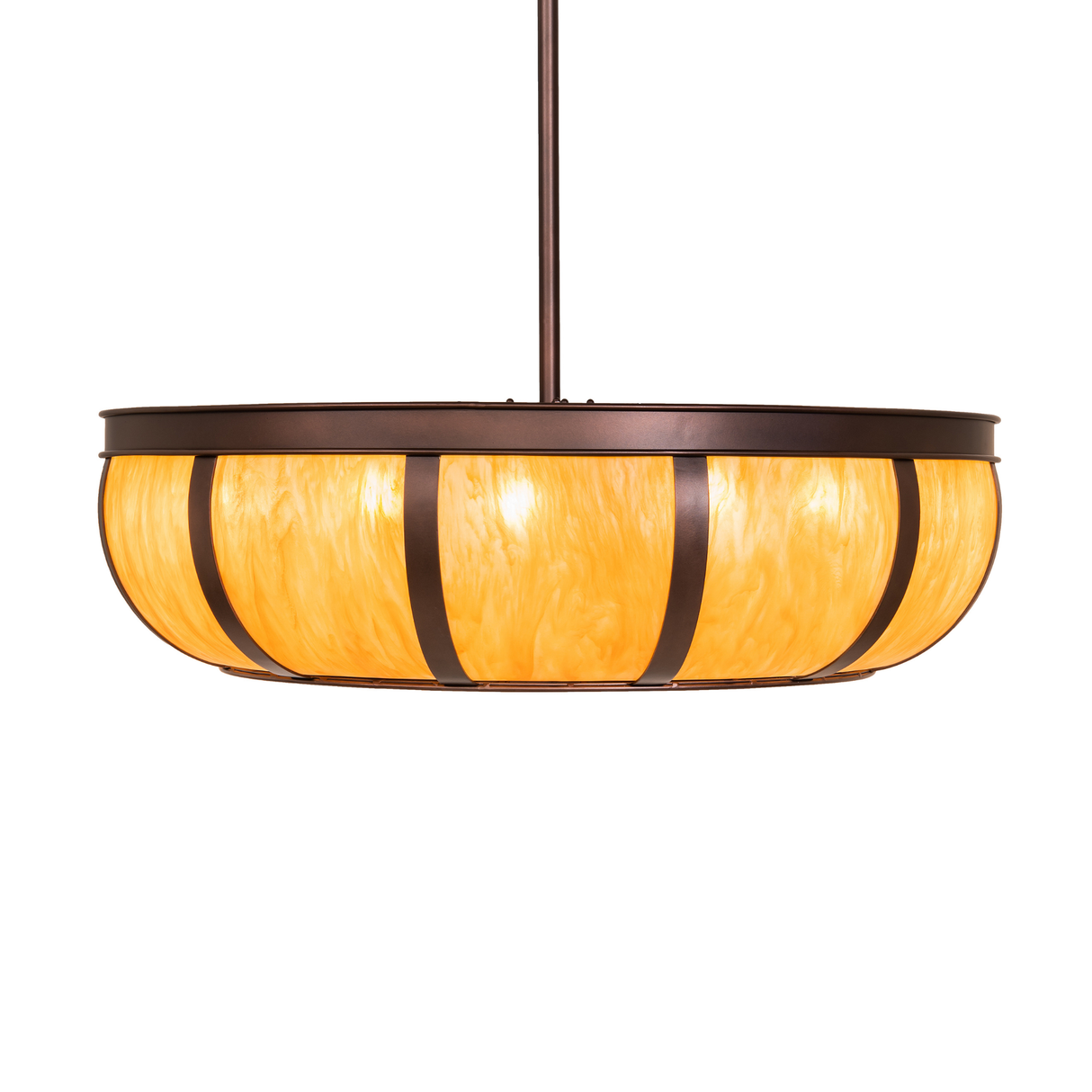 Side profile of Prime Dome chandelier fan showing amber shade and metal bands.