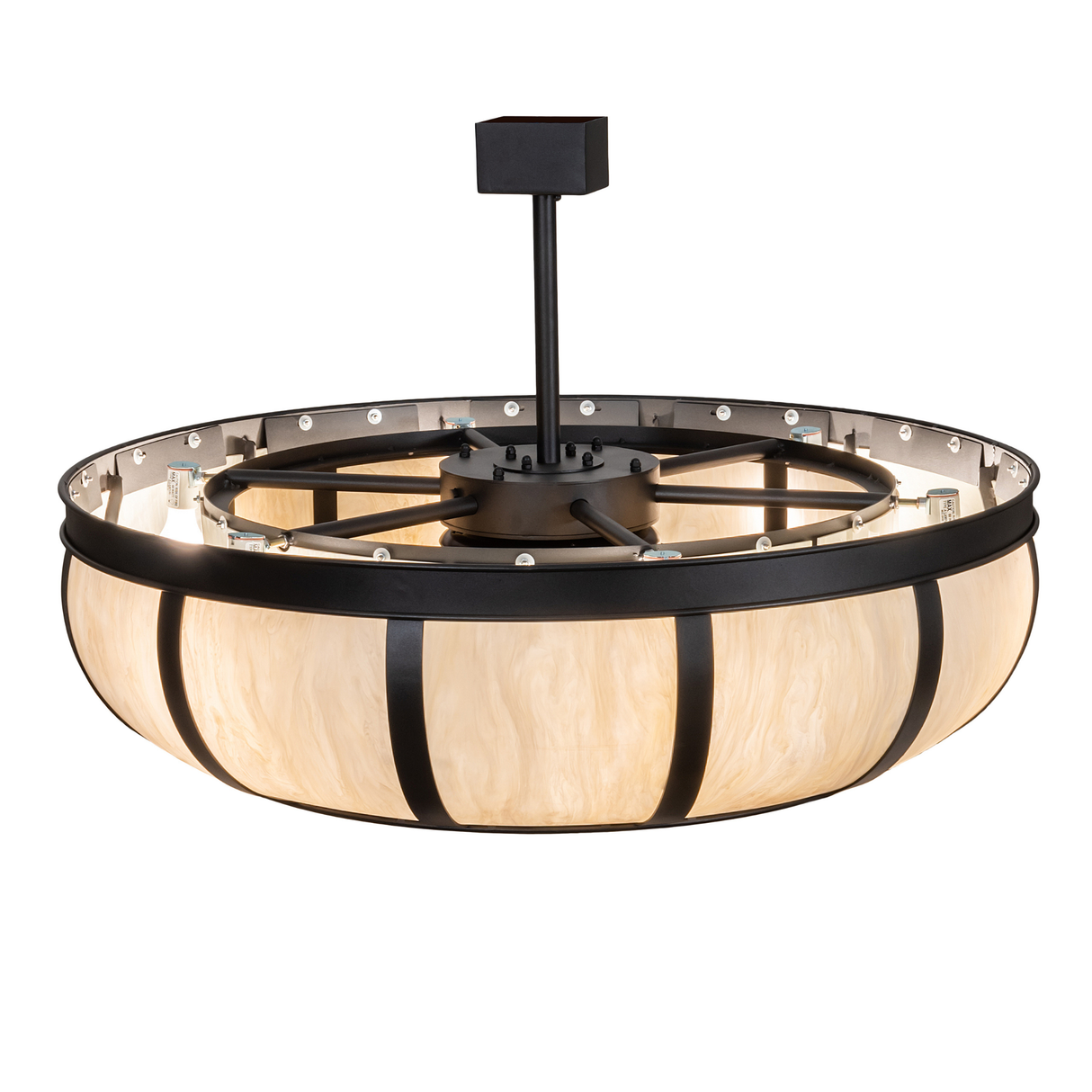 Overhead lit angle showing fan integration and circular light pattern.