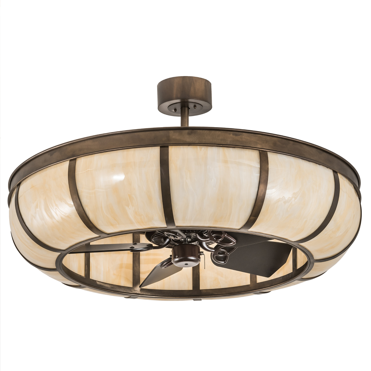 Unlit angled view showcasing smooth dome shape and antique copper frame.