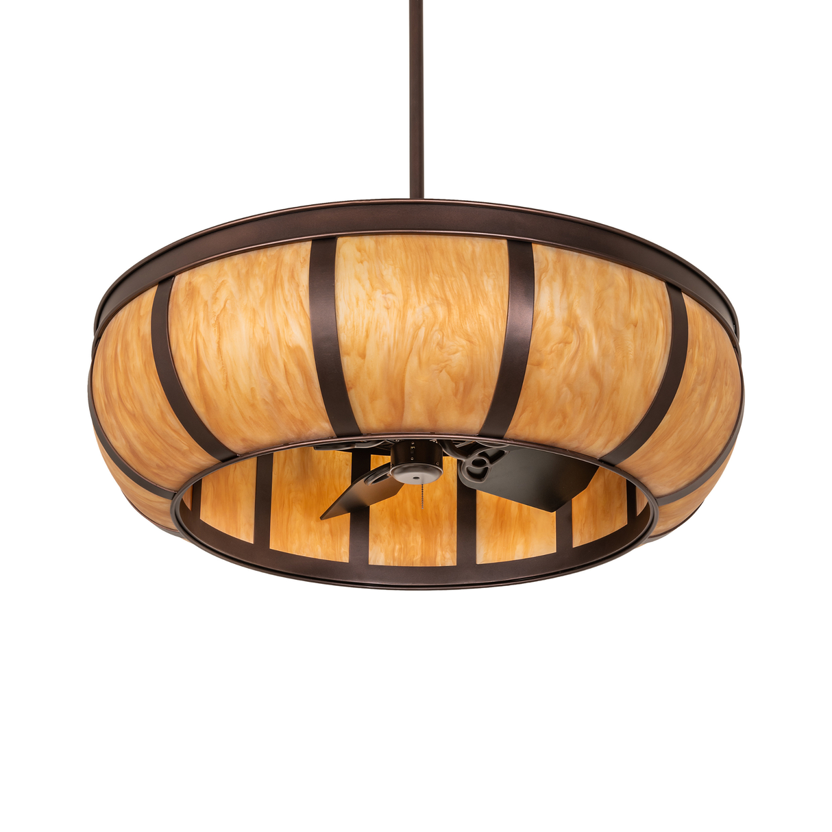 Unlit Prime Dome chandelier fan with amber glass shade and Mahogany Bronze hardware.