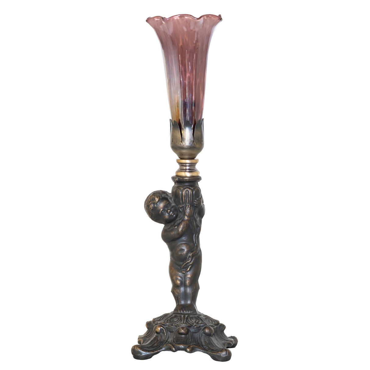 Unlit Purple Iridescent Pond Lily Mini Lamp with antique brass cherub base.