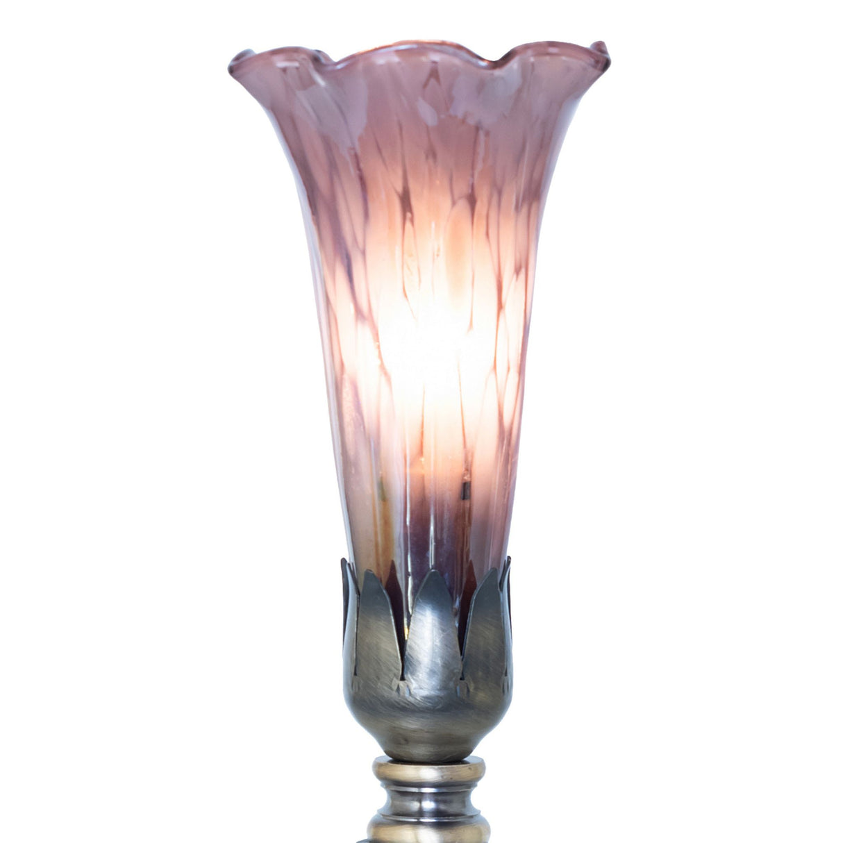 Closeup of lit Purple Iridescent Pond Lily glass shade.