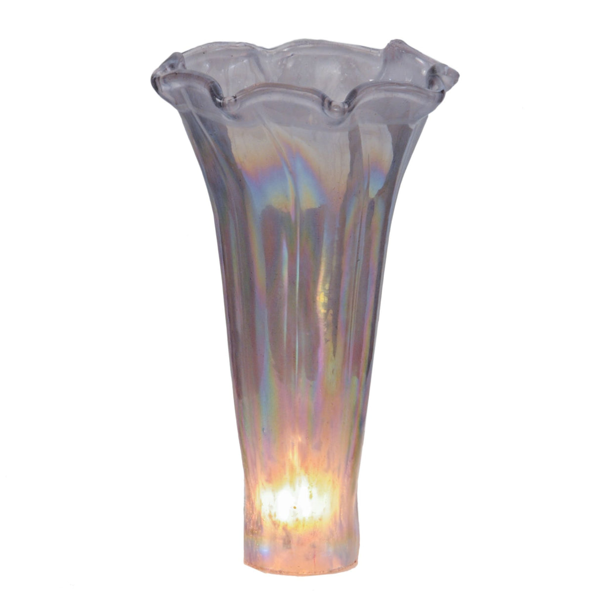 Lit view of Purple iridescent pond lily glass shade lit to show glow.