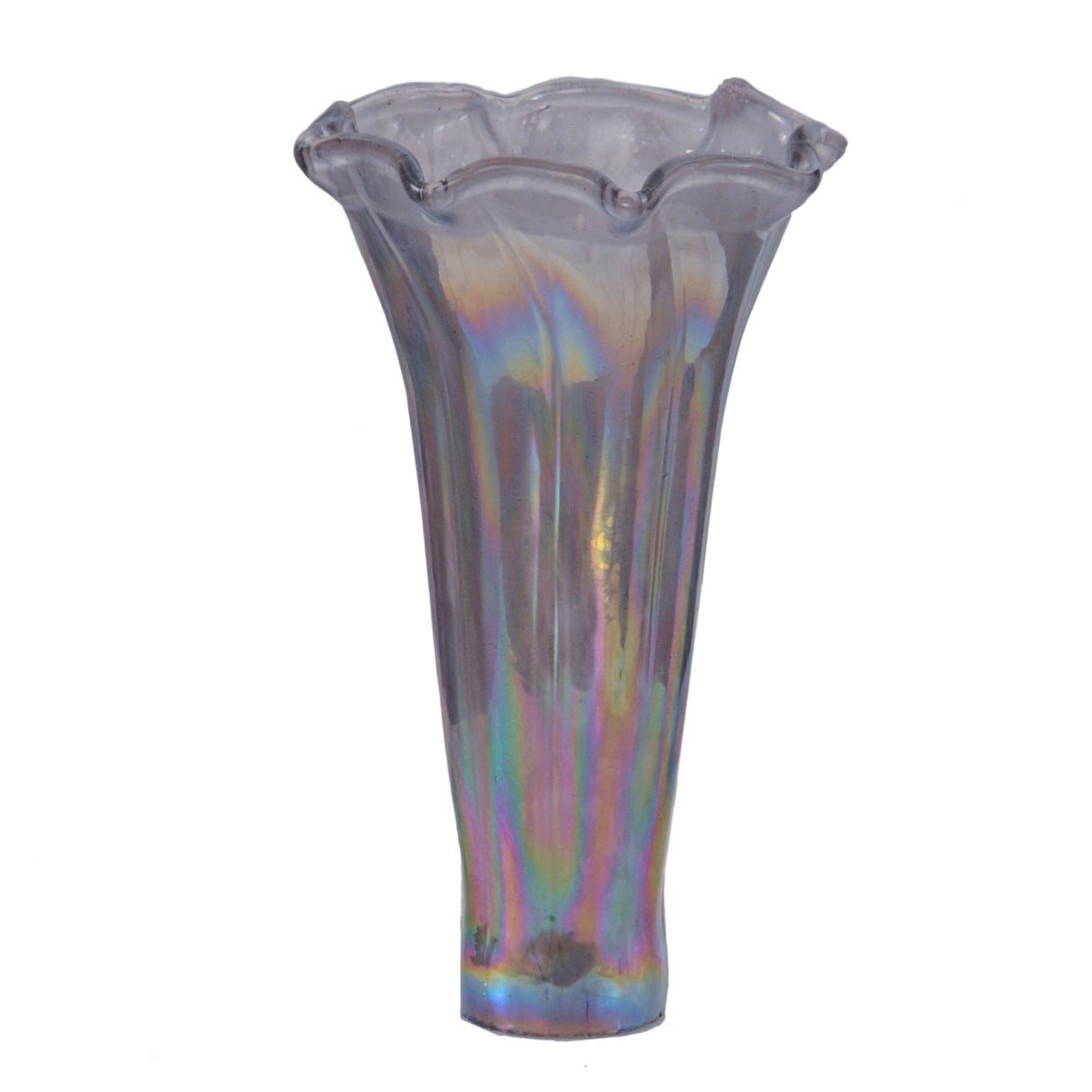 Unlit purple iridescent pond lily glass shade with shimmering finish.
