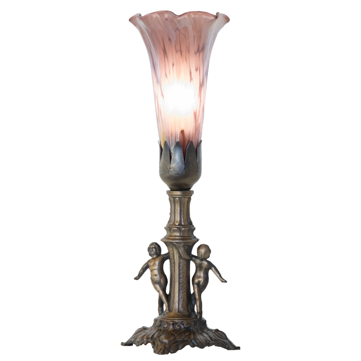 Lit view of the Pond Lily Maidens Mini Lamp, showcasing its antique brass base and Favrile-style glass shade.