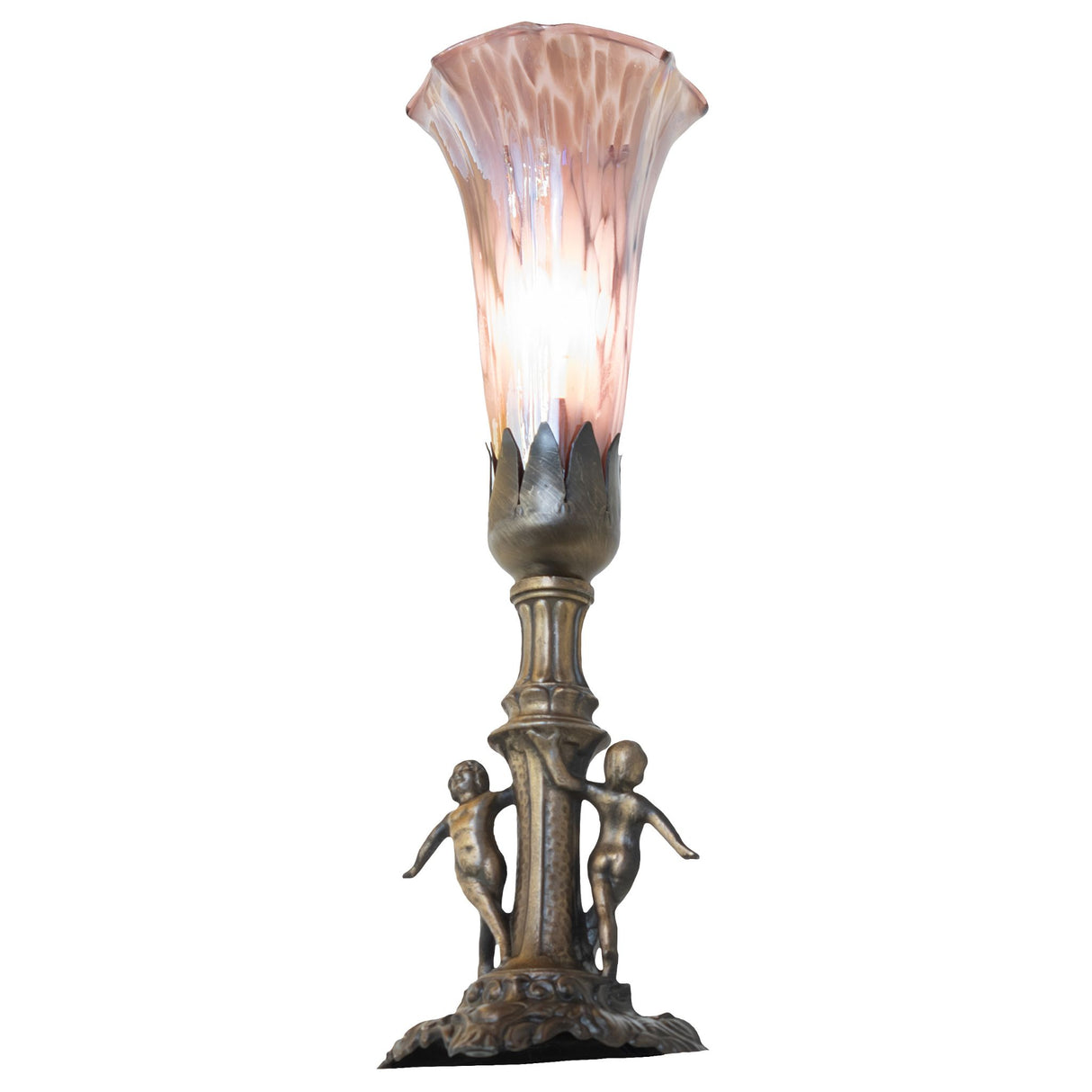Angled view of Pond Lily Maidens Mini Lamp, emphasizing the rich purple hues of the glass shade.