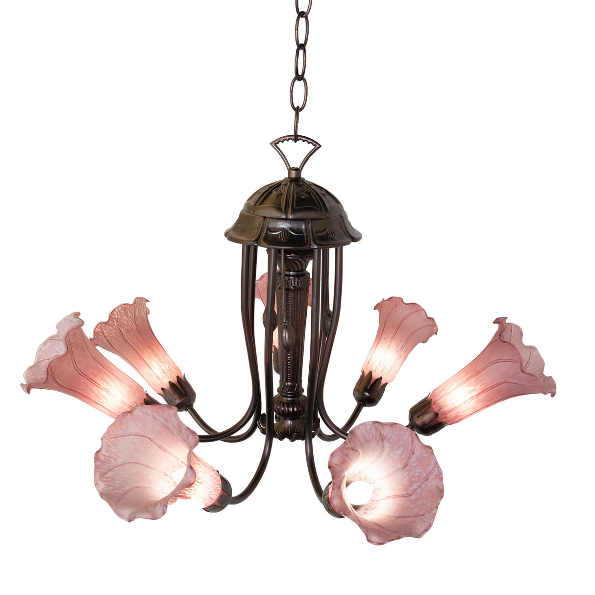 Angled view of the Purple Tiffany Pond Lily Chandelier with illuminated lights.