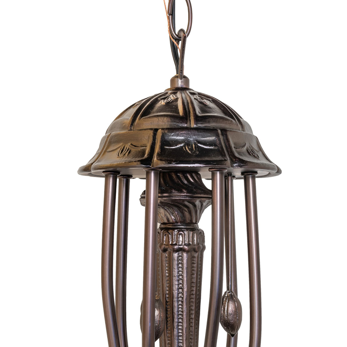 Detailed view of the Purple Tiffany Pond Lily Chandelier's base with Mahogany Bronze finish.