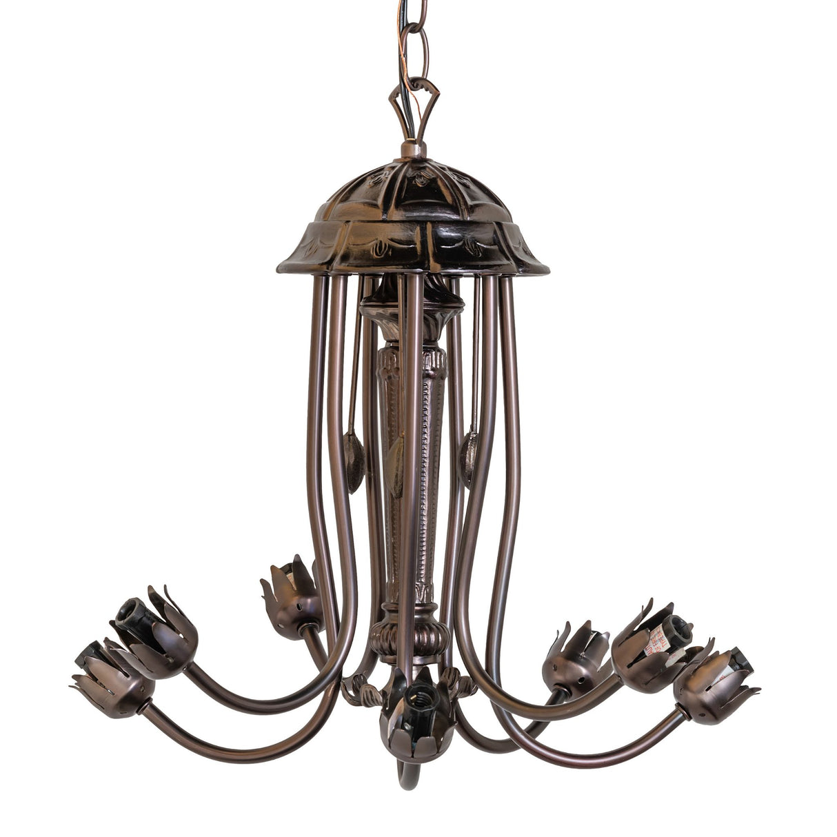 Frame detail of the Purple Tiffany Pond Lily Chandelier highlighting its decorative patterns.