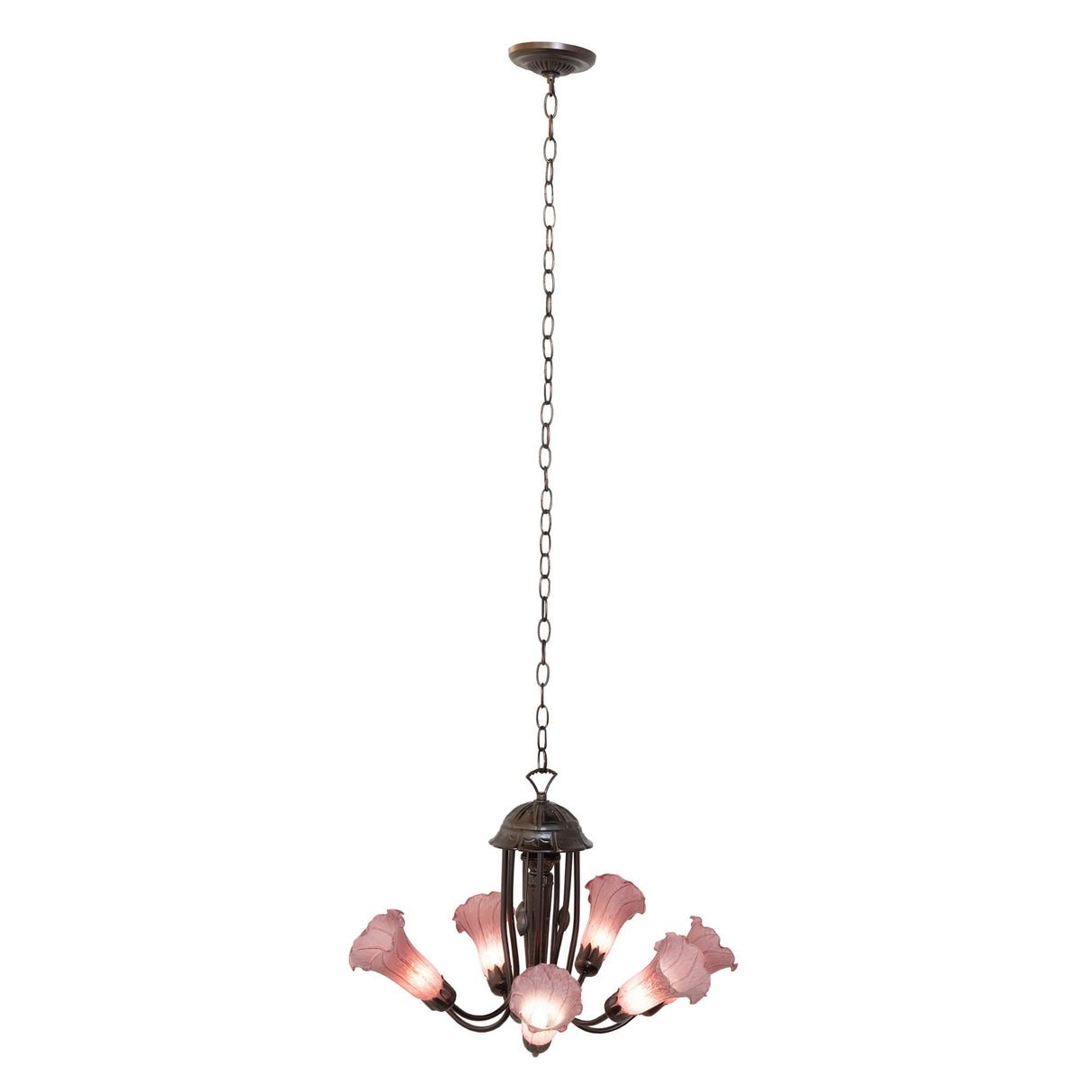 Hanging view of the 24" Purple Tiffany Pond Lily Chandelier with an extended chain.