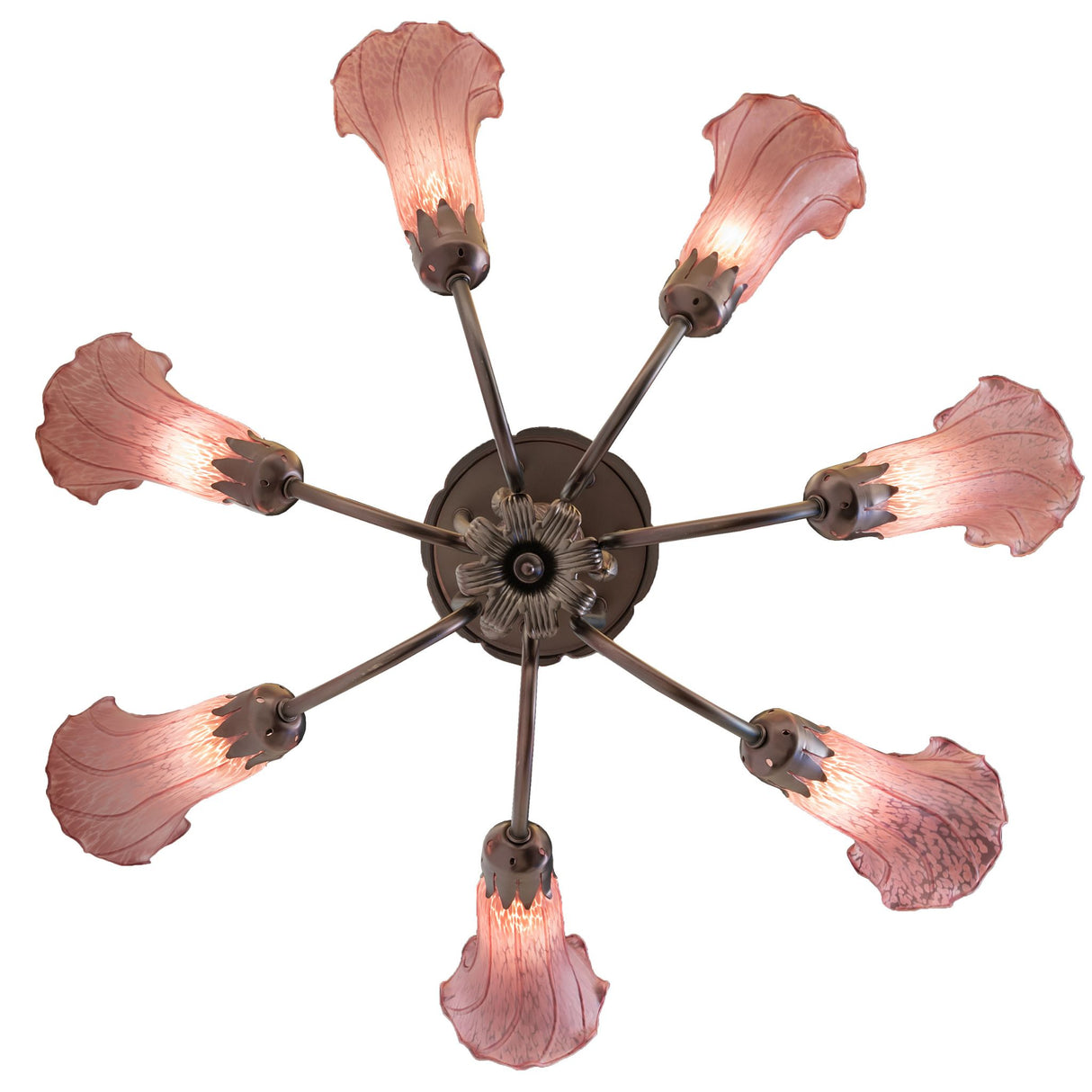 Overhead view of the Purple Tiffany Pond Lily Chandelier's symmetrical design.