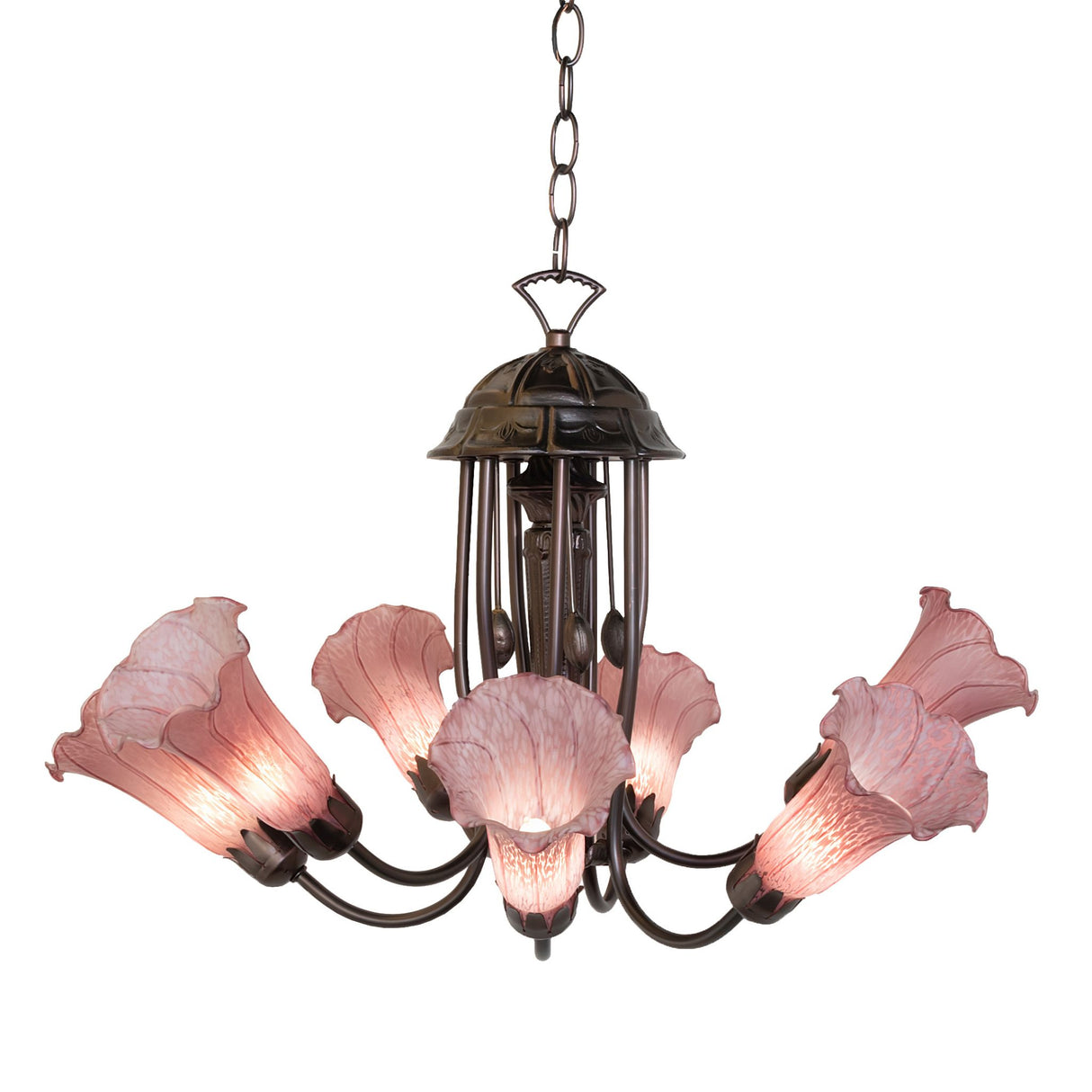 Side view of Purple Tiffany Pond Lily Chandelier highlighting its detailed craftsmanship.
