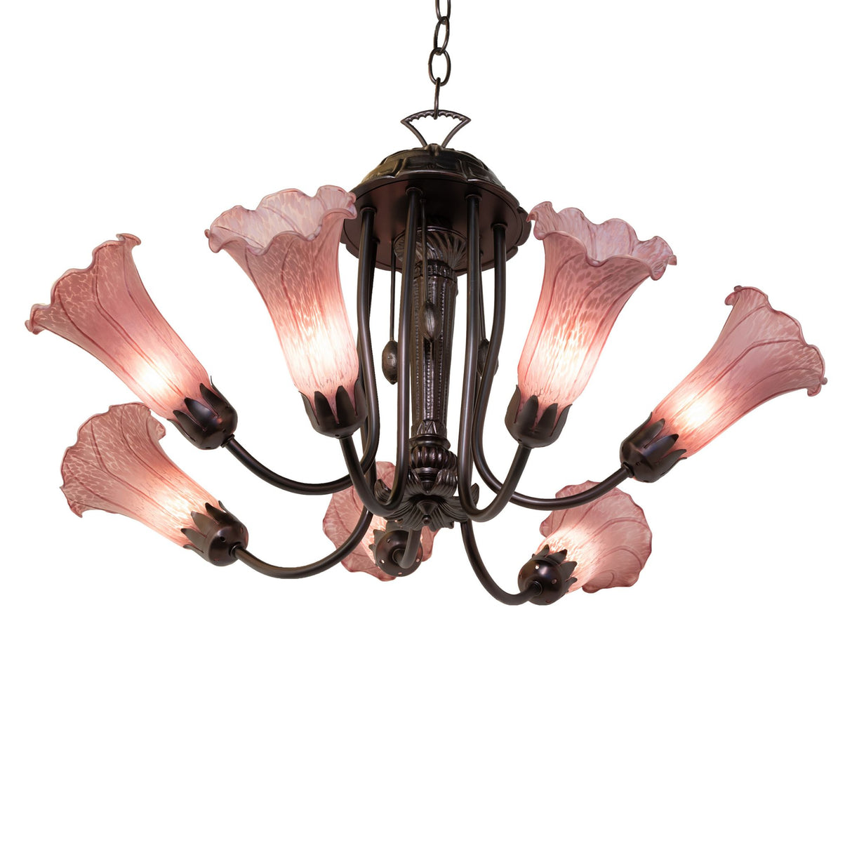 Top view of Purple Tiffany Pond Lily Chandelier showcasing its cast metal frame.