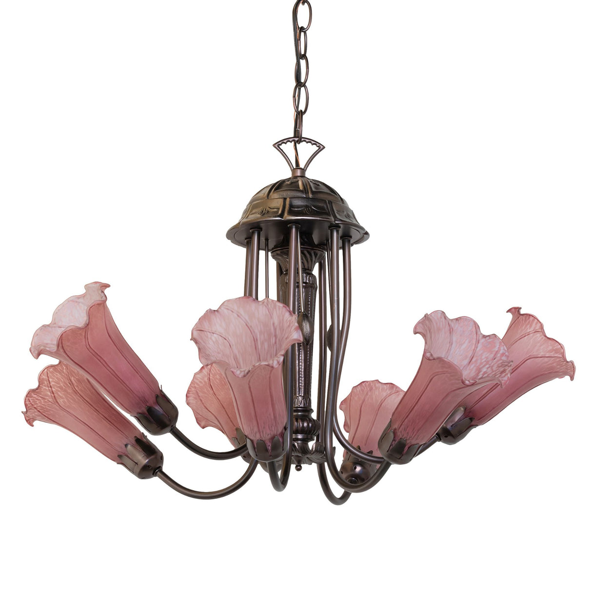 Unlit glass shades of the Purple Tiffany Pond Lily Chandelier displaying their natural hues.