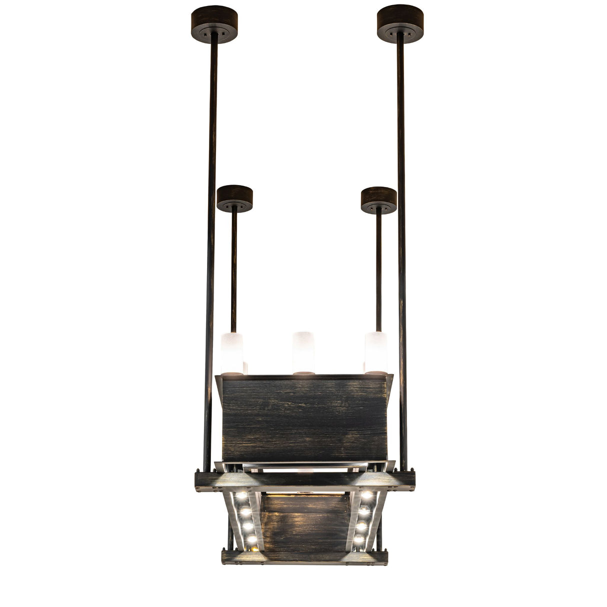 Straight end view of the Quadrato oblong chandelier showing fixture depth and supports.