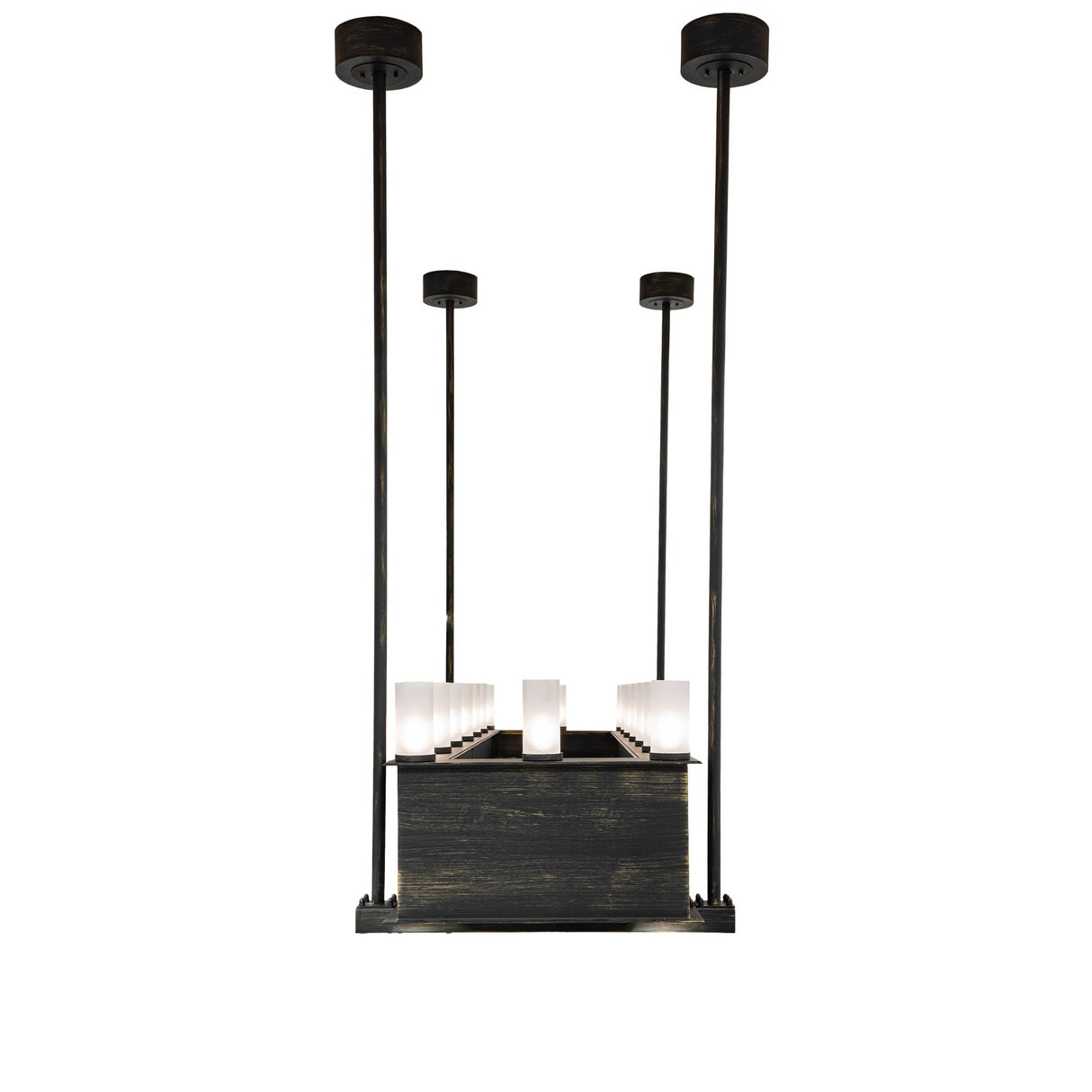 Front view of chandelier showing vertical suspension rods and frosted glass uplights.