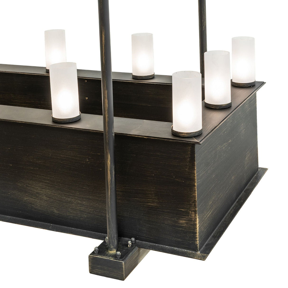 Side detail view of the chandelier showing the frosted glass cylinders and distressed metal finish.