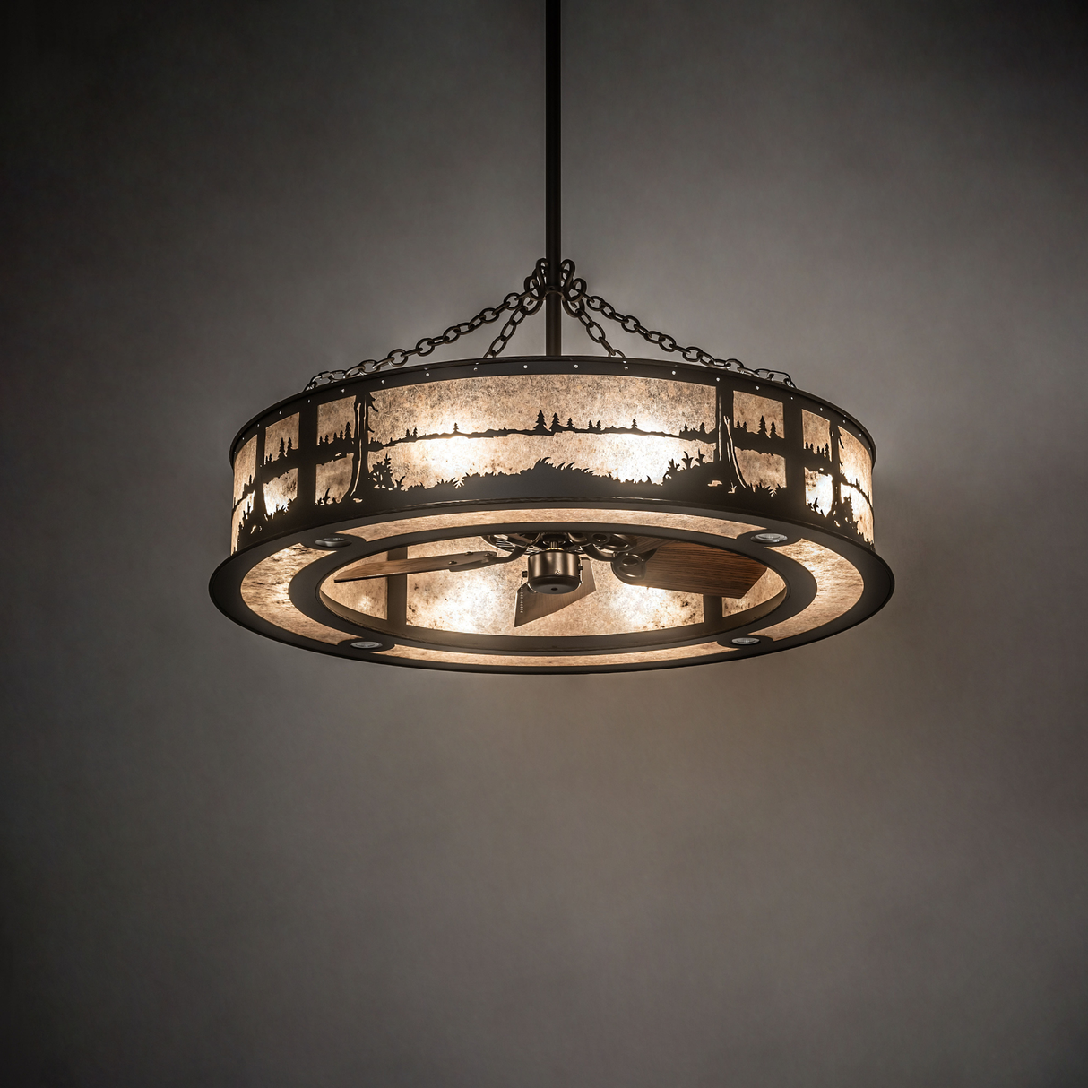 Quiet Pond chandelier fan lighting up a serene modern interior.