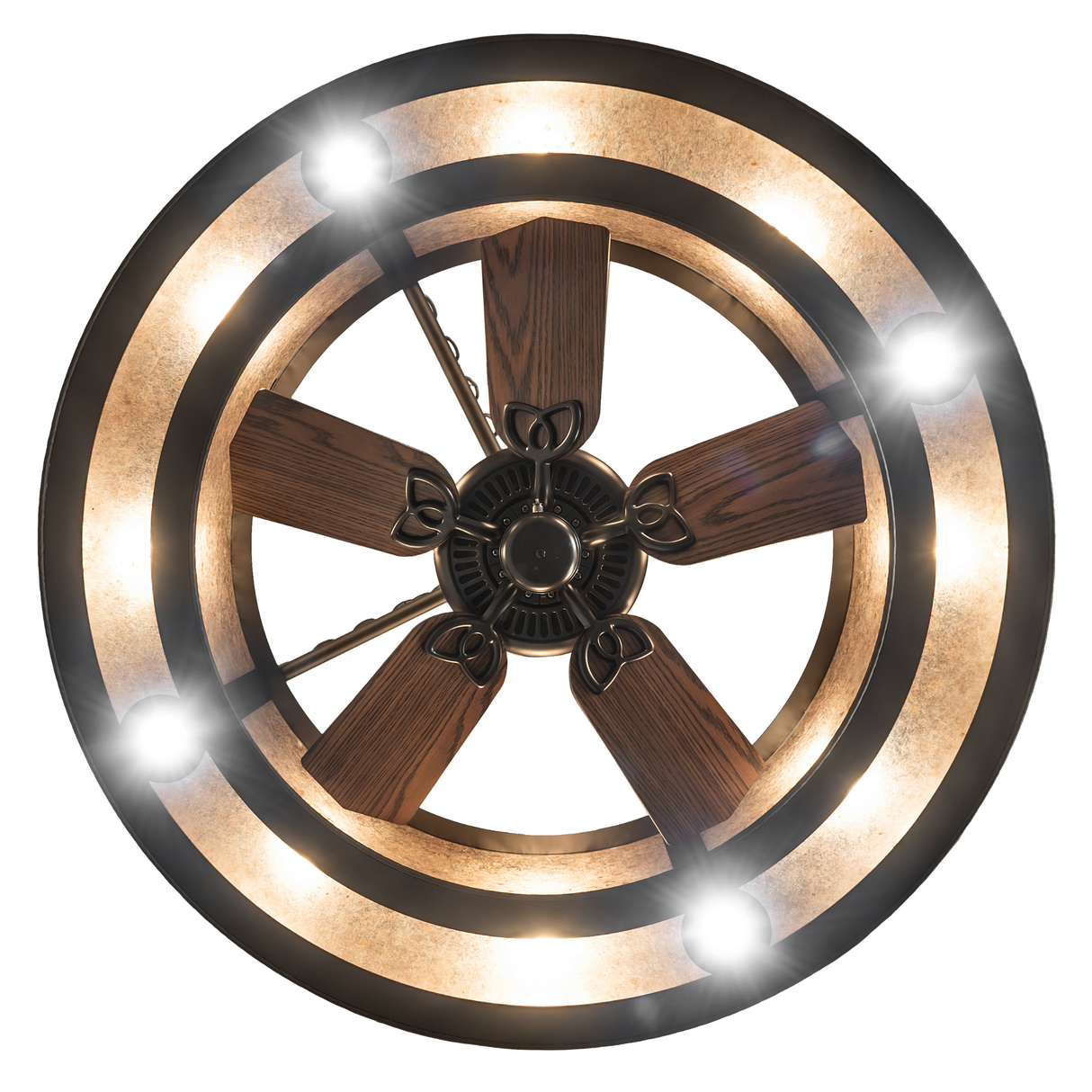 Bottom view lit angle emphasizing fan blades and LED lights.