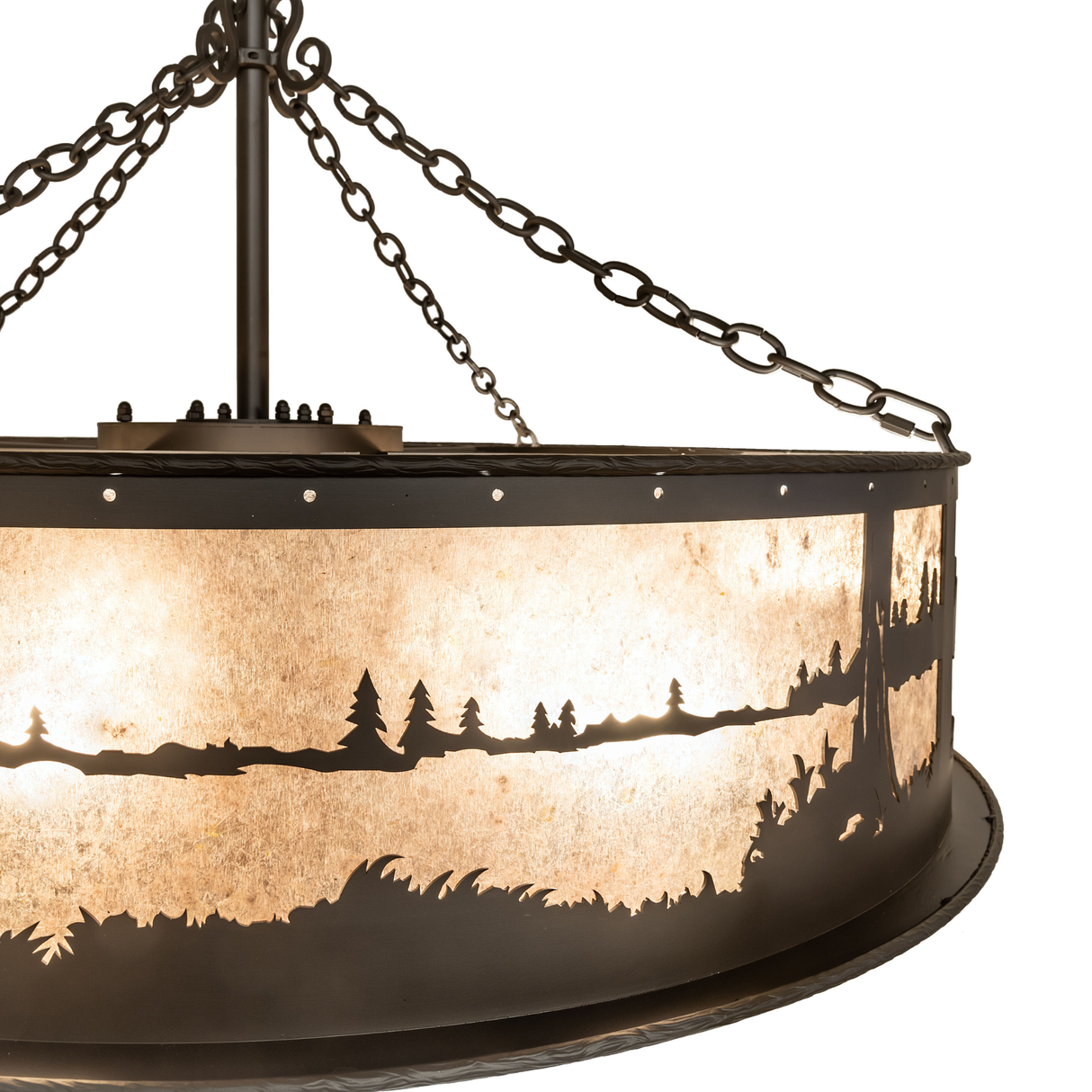Chain and canopy detail with dark bronze finish and textured mount.