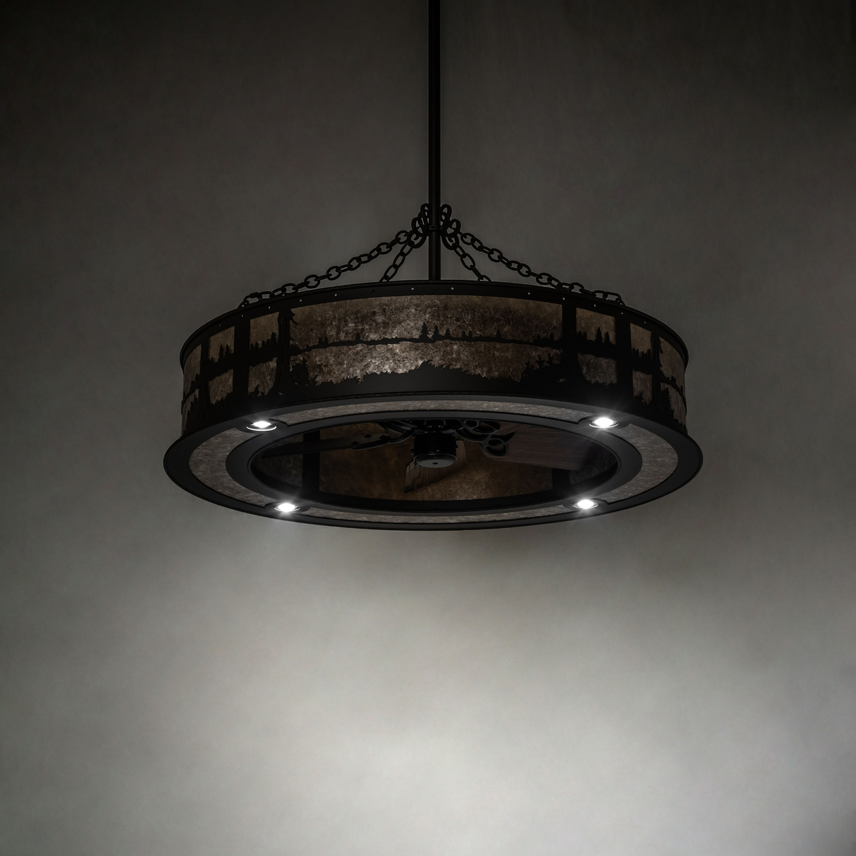 Dimly lit chandelier showing gentle glow through mica diffuser.