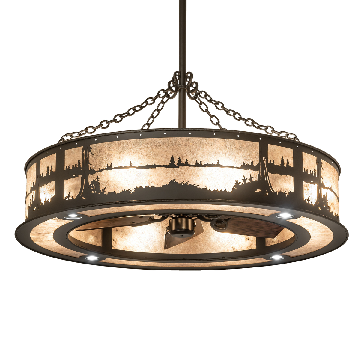 Quiet Pond Chandel-Air glowing softly with mica diffuser and bronze frame.