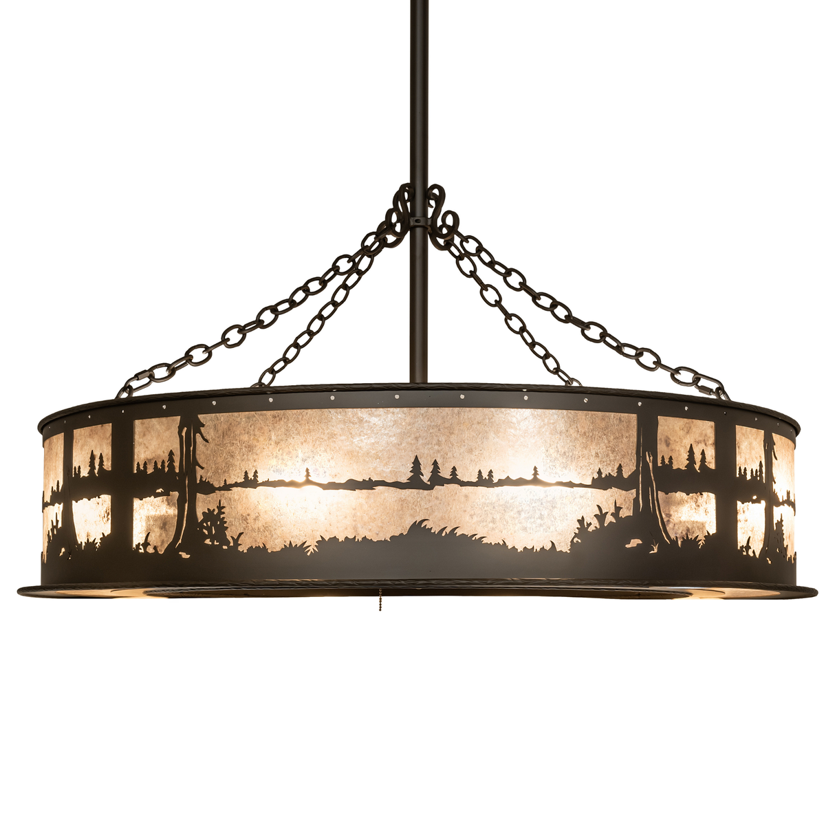 Side view showing glowing mica shade and pond-inspired cutout design.