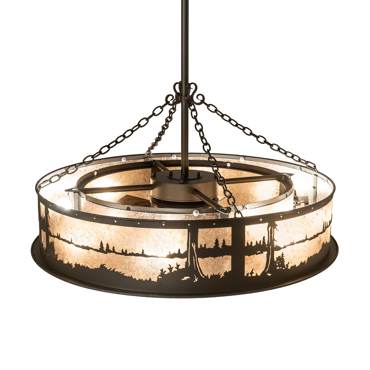 Overhead view showing fan structure and circular mica shade glow.