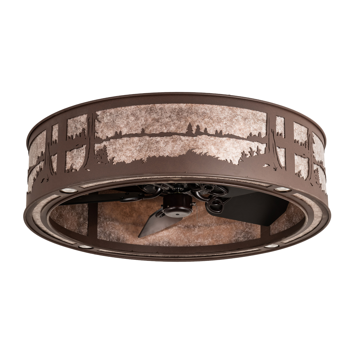 Unlit angled view showing silver mica diffuser and woodland cutouts.