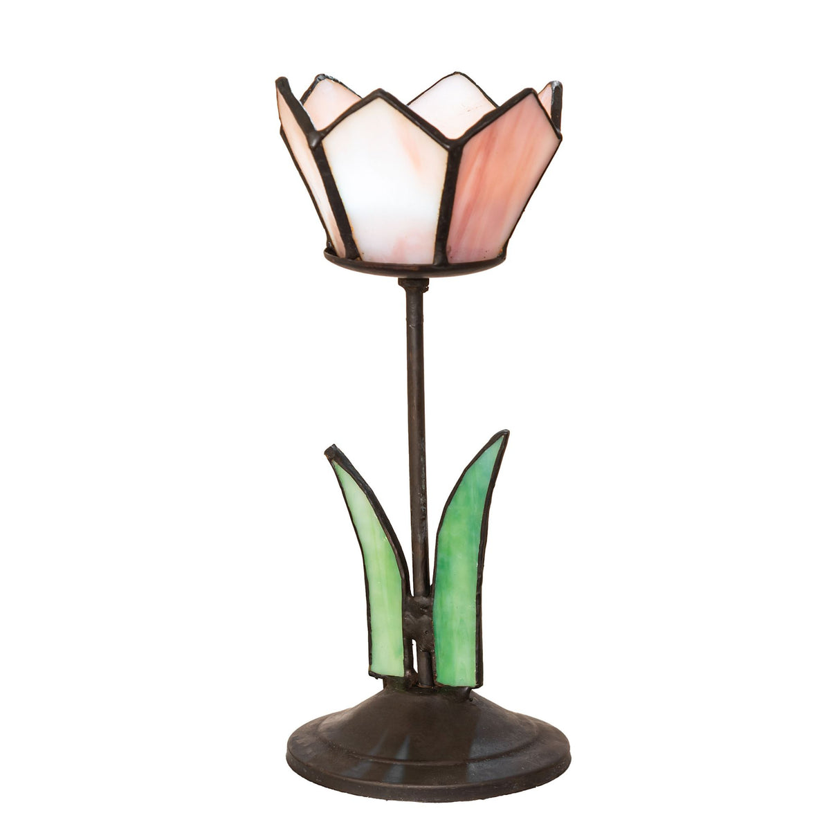 Lit view of Tealight holder glowing through pink and green stained glass.