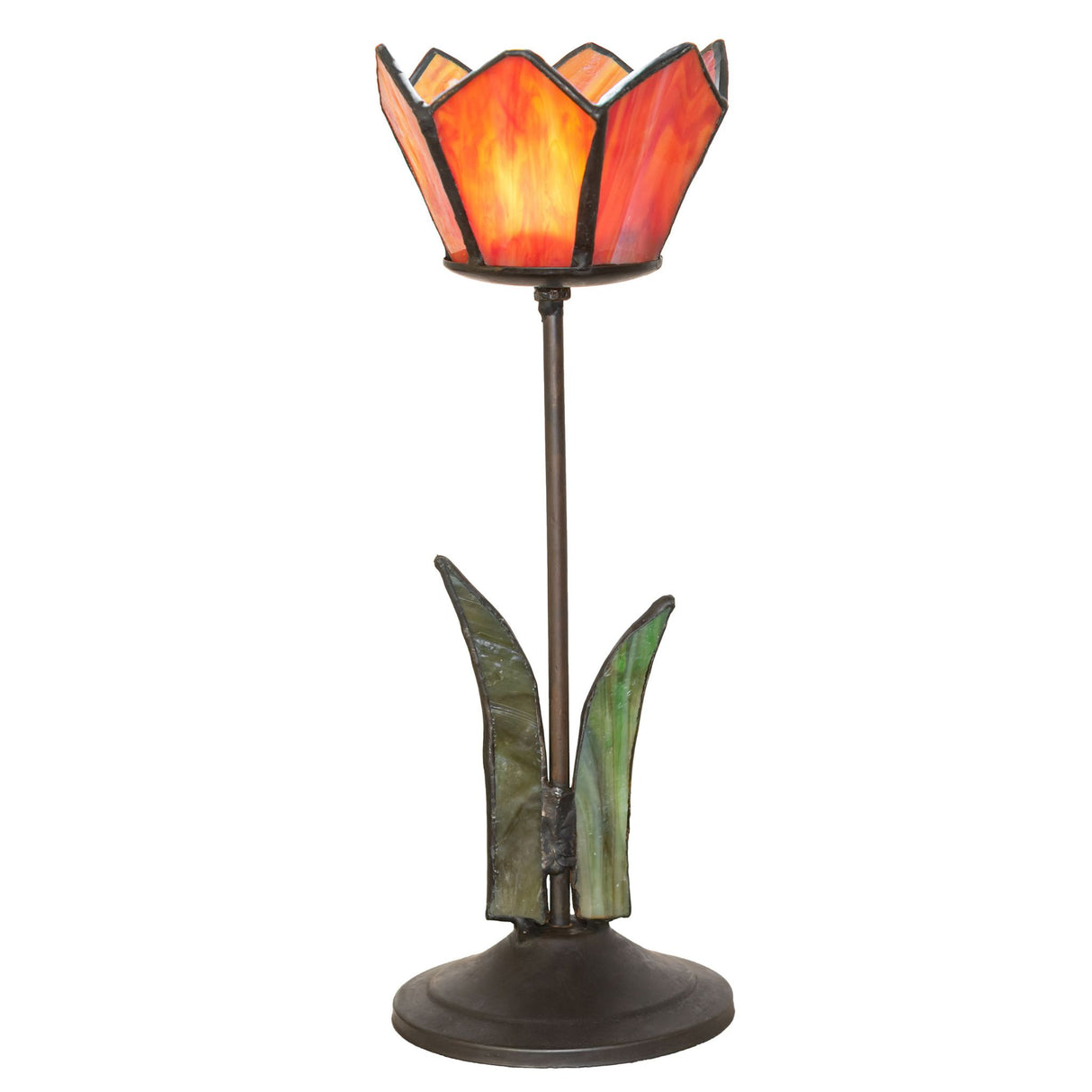 Illuminated Radiant Blossom Tealight Holder with pink stained glass petals and green leaf accents.