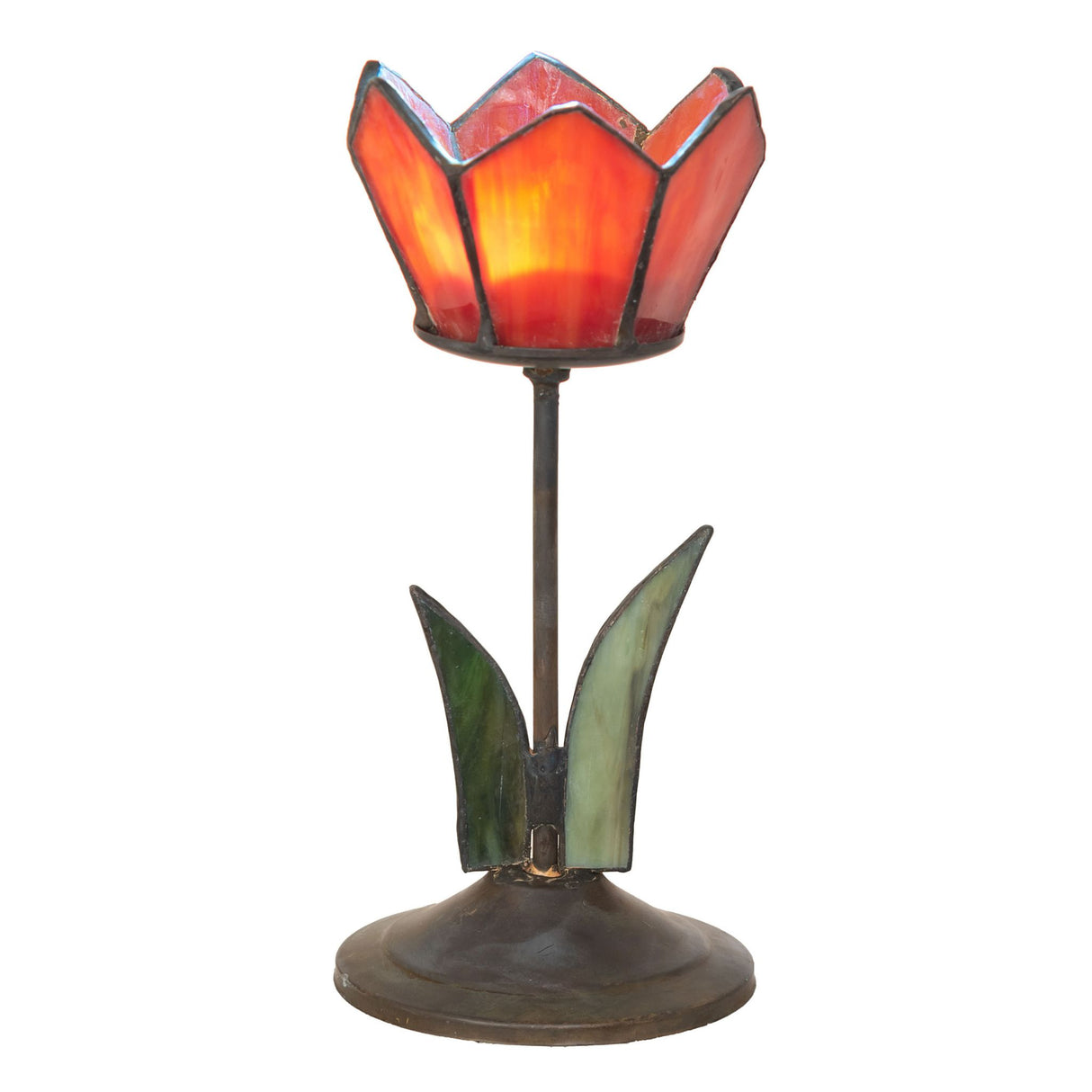 Lit view of the Radiant Blossom Tealight Holder showcasing its glowing stained glass petals.
