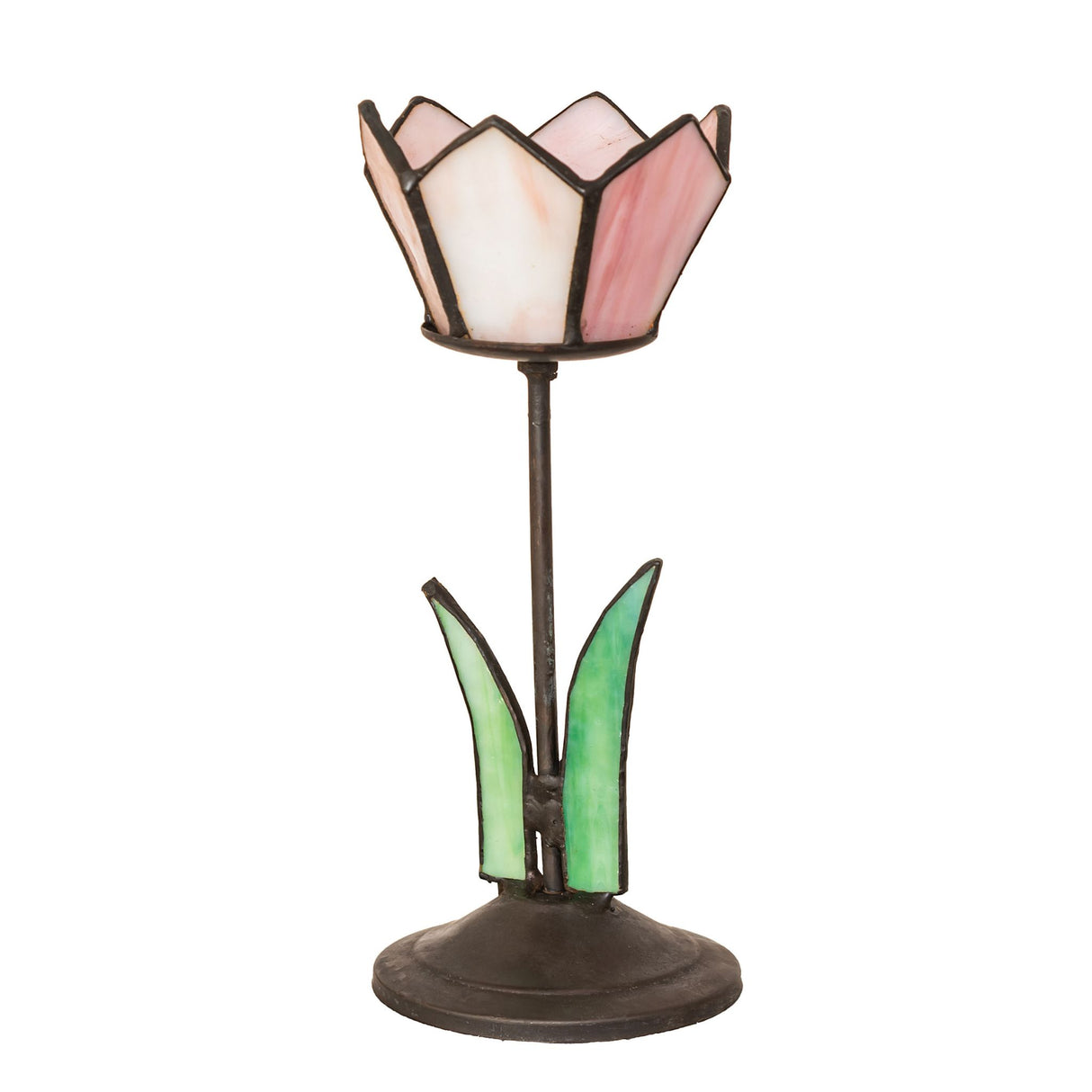 Unlit view of pink and green stained glass tealight holder.