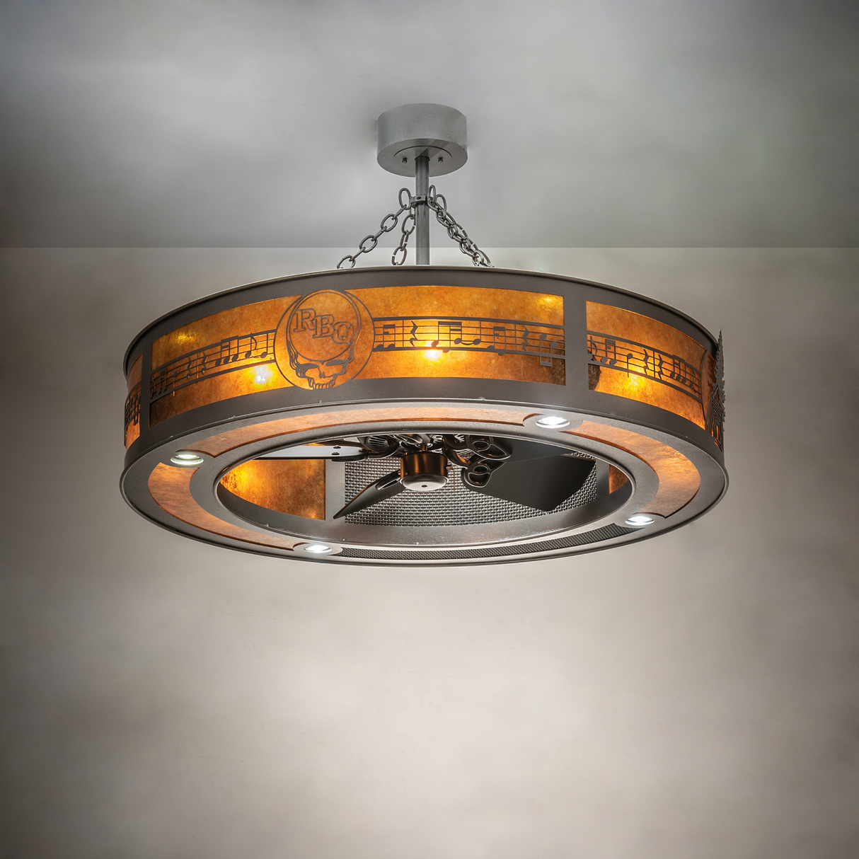 Ambient view of illuminated RBQ Chandel-Air with warm amber glow.