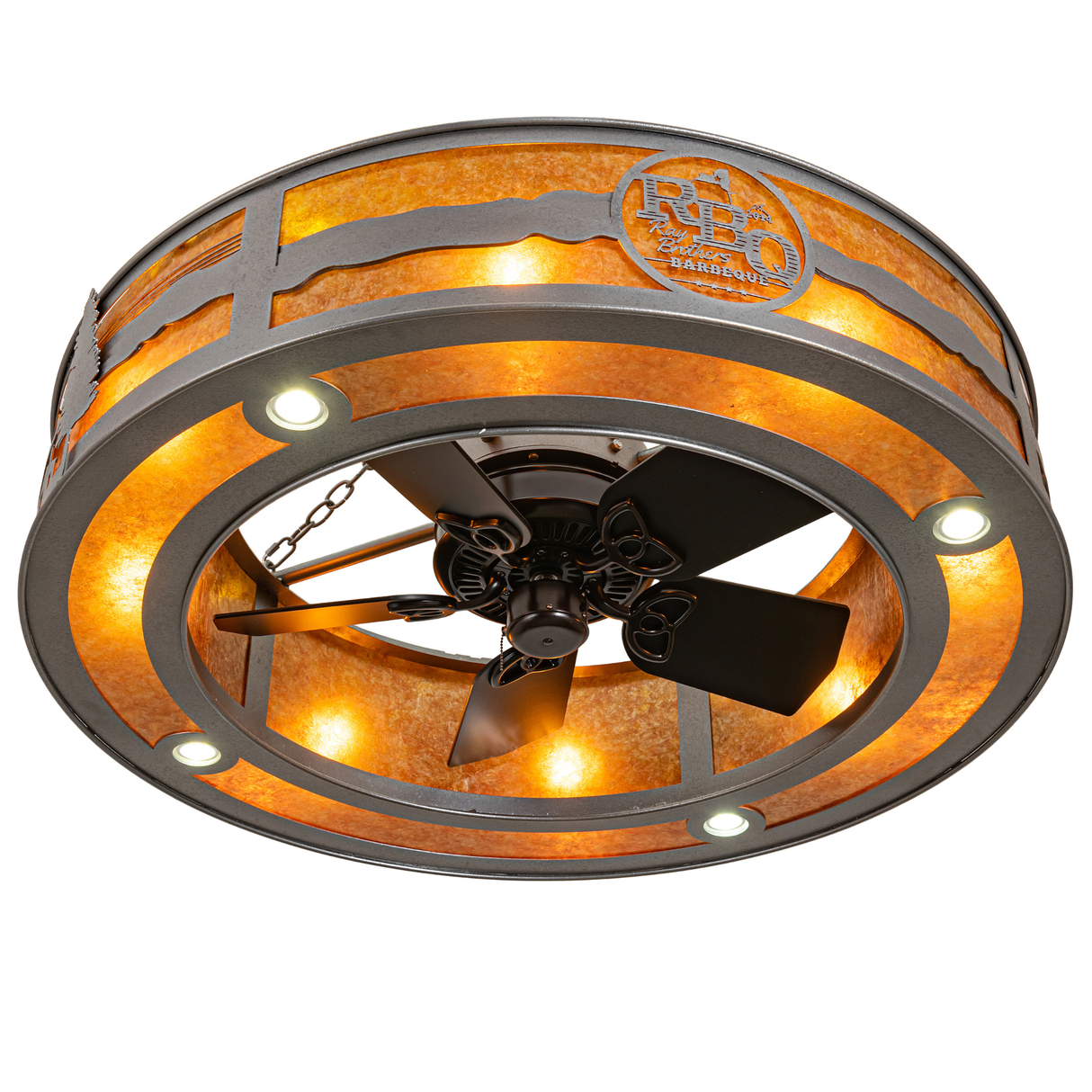 Bottom lit view showing integrated fan and circular downlights.