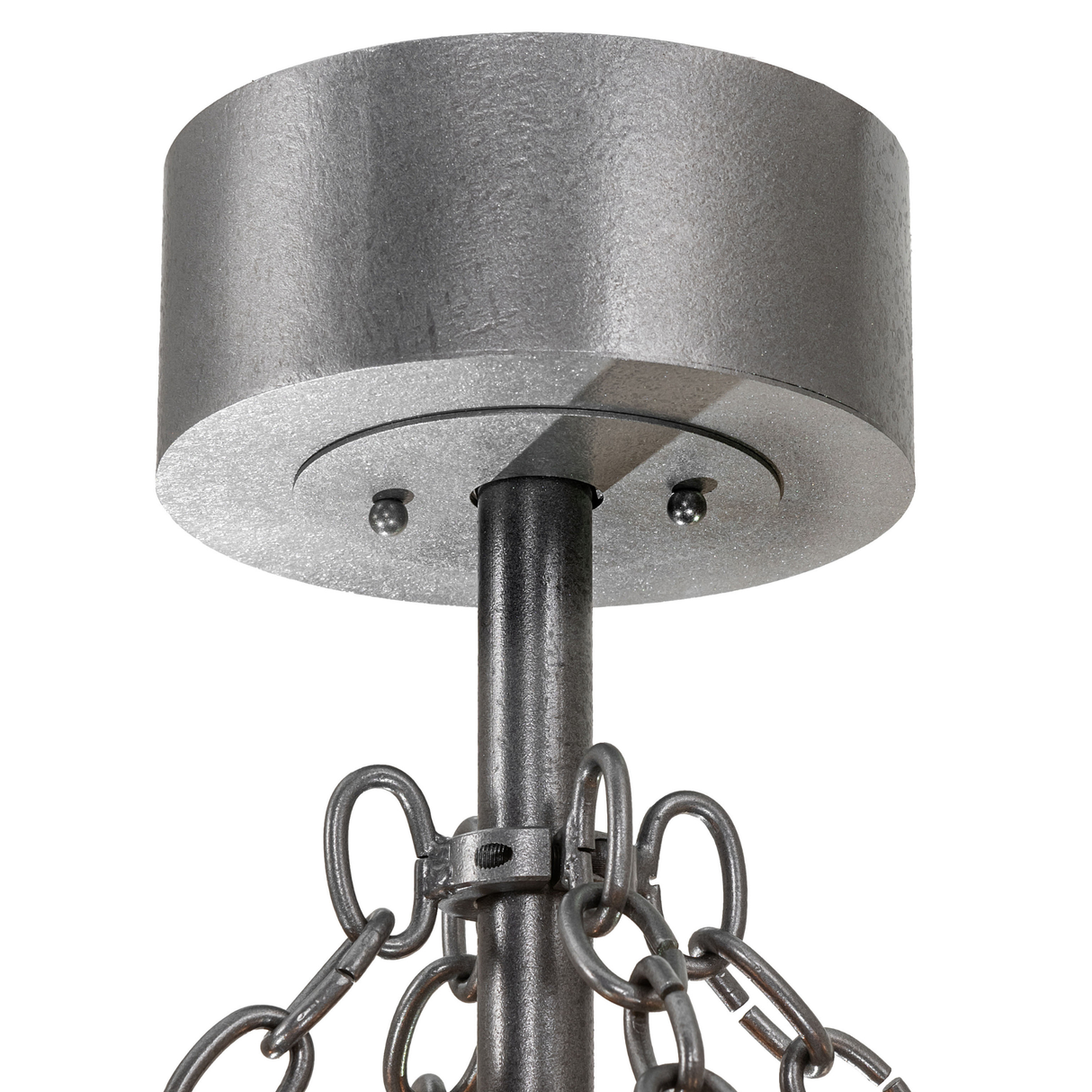 Close-up of silver canopy, rod, and chain suspension.