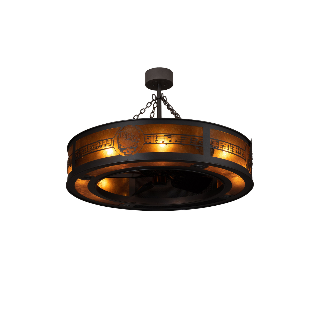 Lit front view highlighting RBQ logo and warm amber mica illumination.