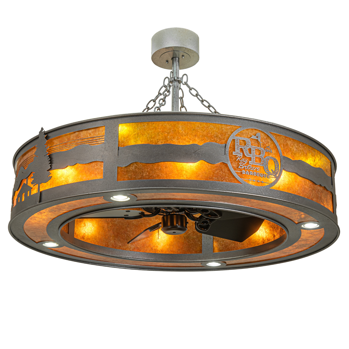 Lit front angle view showing RBQ logo and amber mica glow.