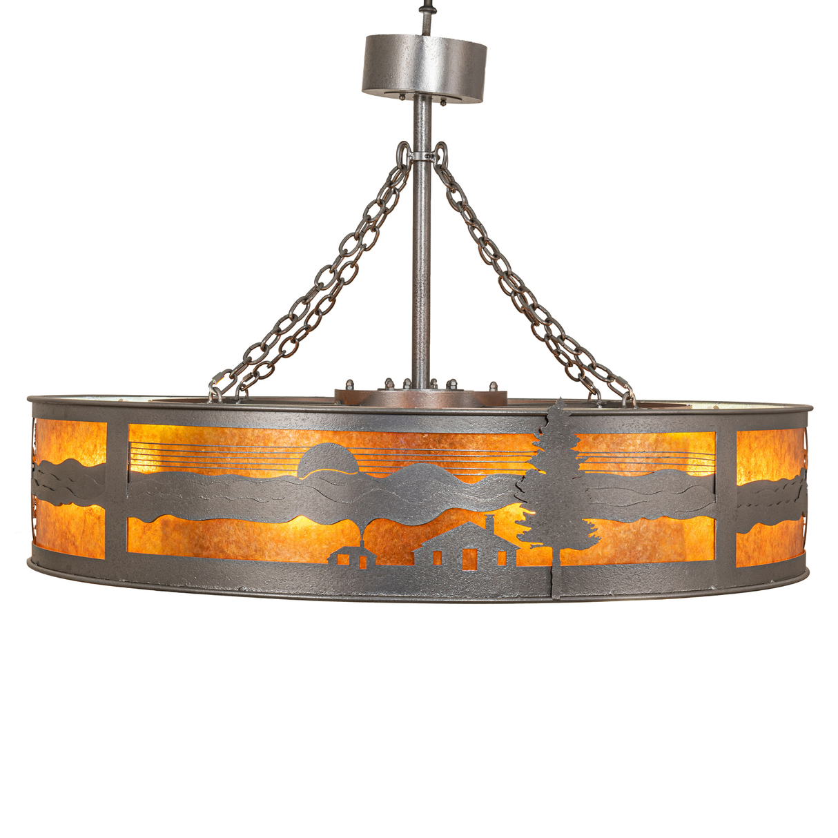 Side view featuring mountain, tree, and cabin silhouette design.