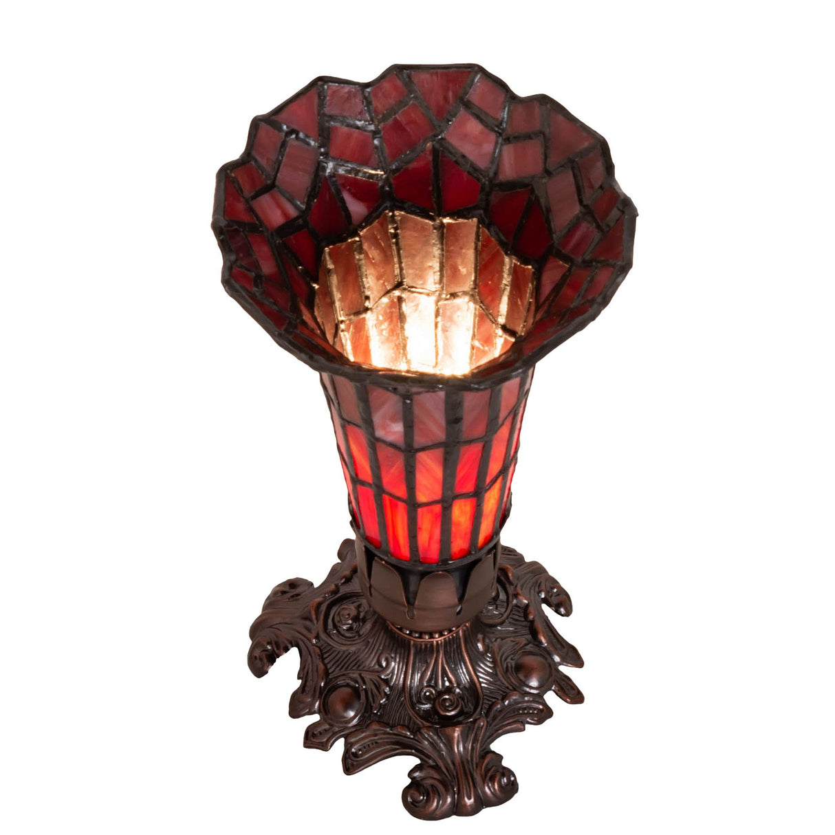 Top view of a red stained glass pond lily lamp with bronze base.
