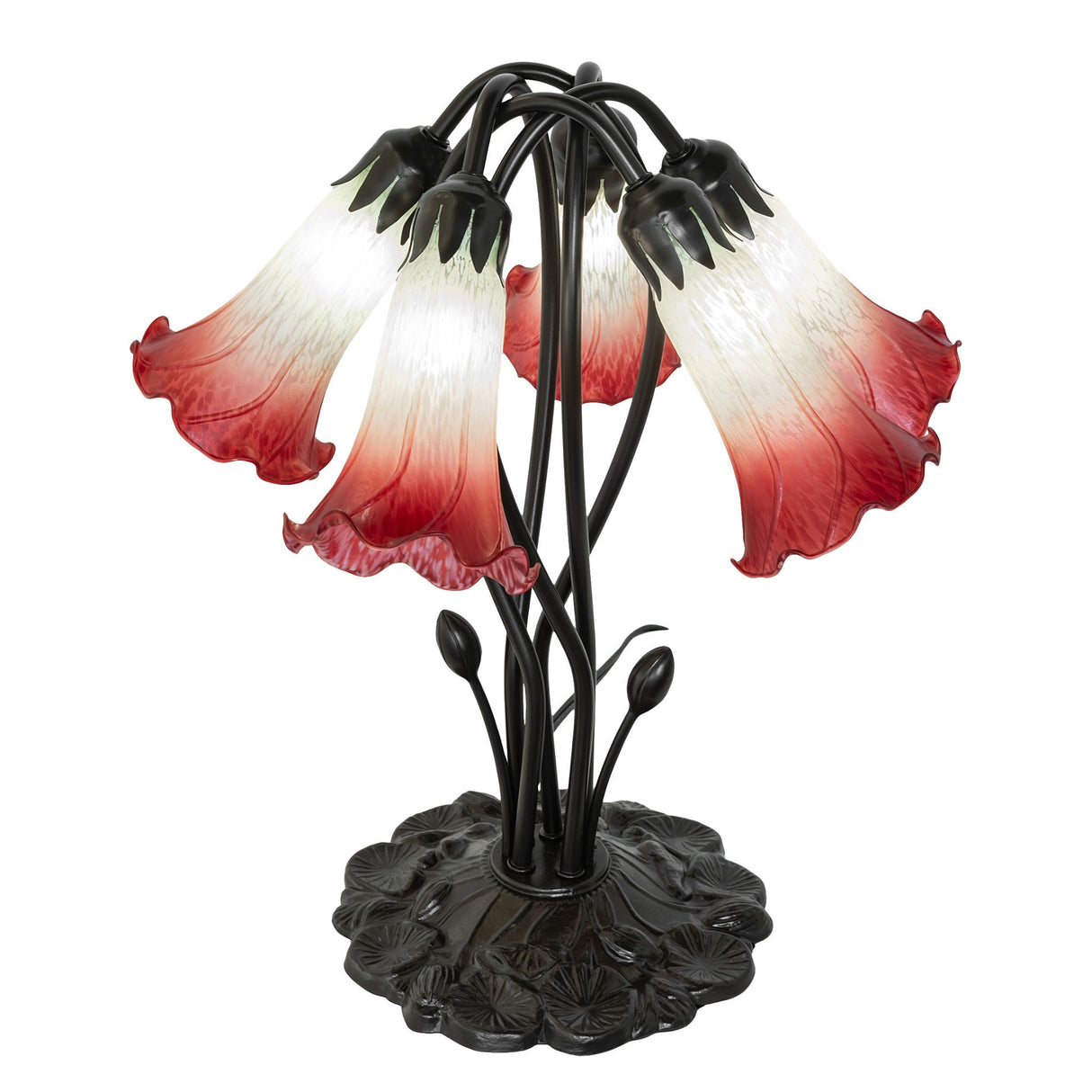 Artistic design of pond lily lamp showcasing vibrant red and seafoam tones.