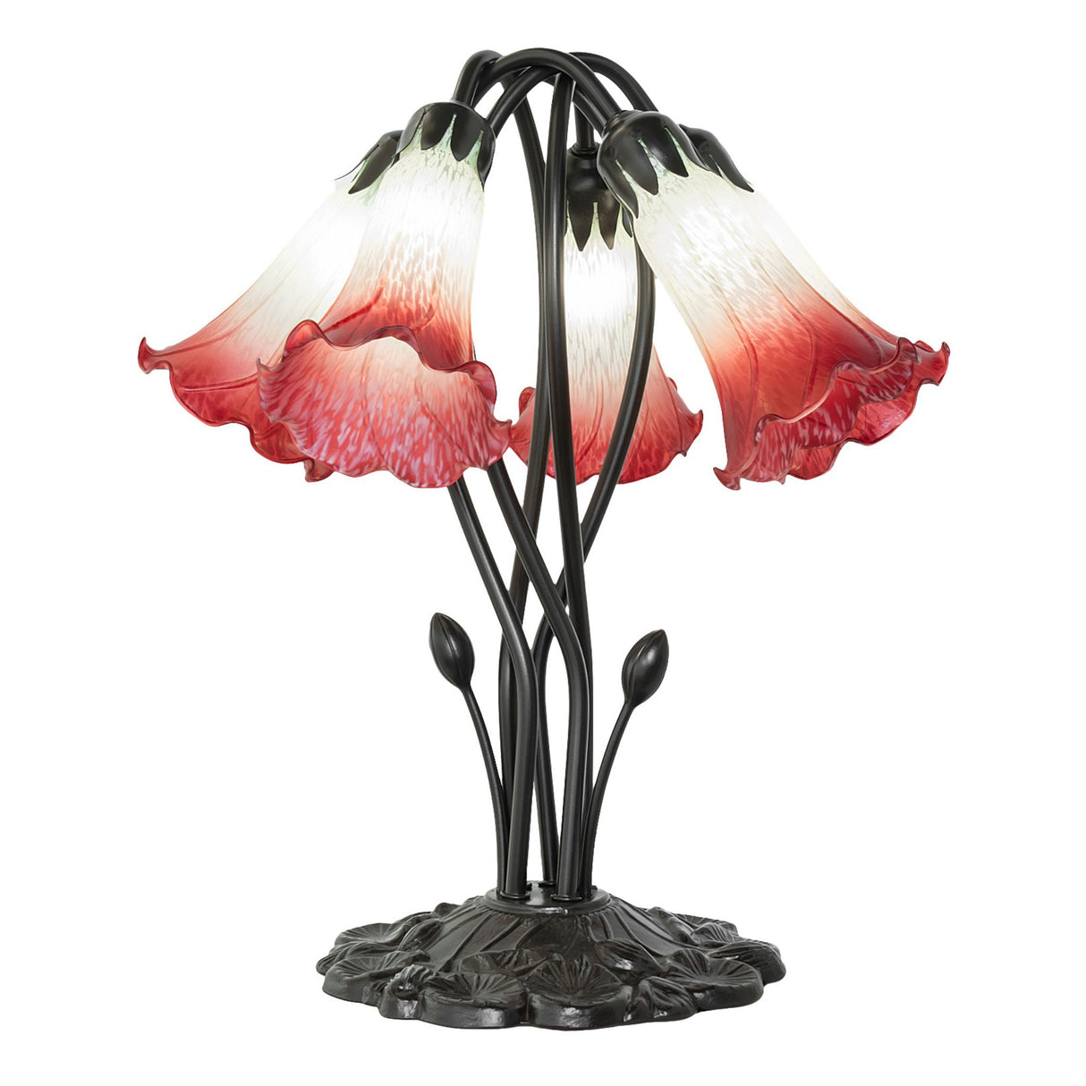 Close-up of red and seafoam tiffany pond lily lamp's elegant glass petals.
