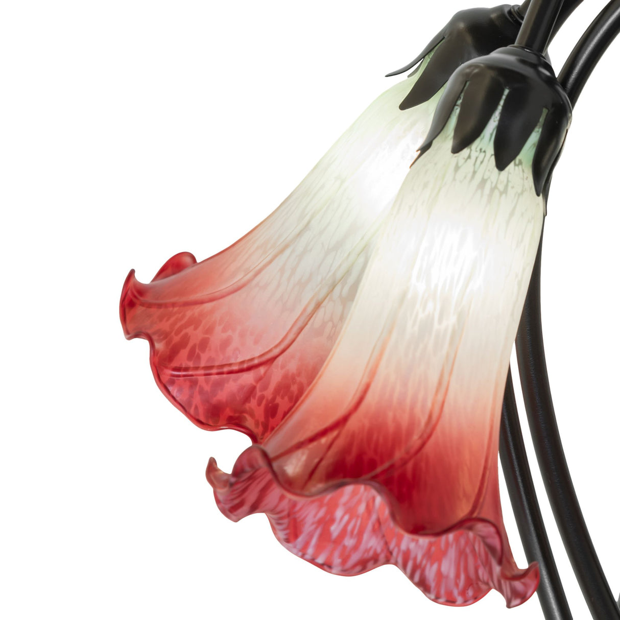Detailed view of red and seafoam glass shades on the pond lily lamp.