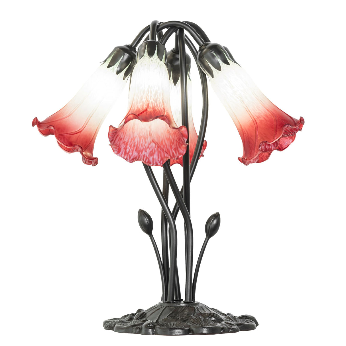 Red and seafoam tiffany pond lily table lamp with five lights.