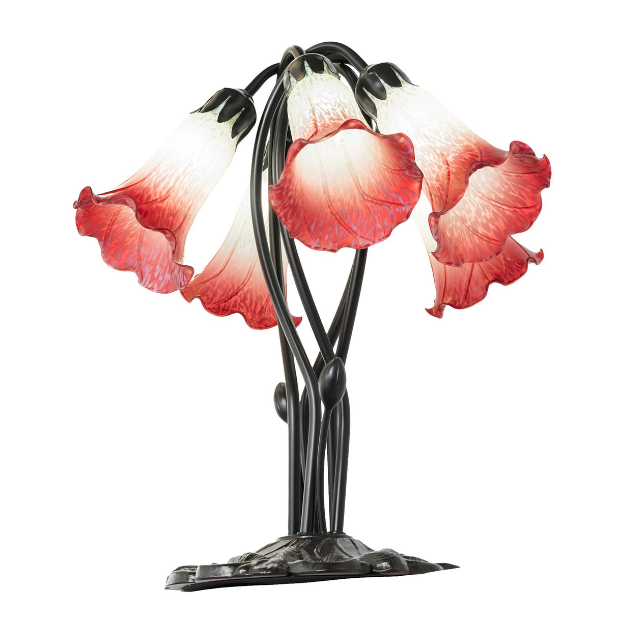 Overhead angle of red and seafoam tiffany pond lily table lamp.