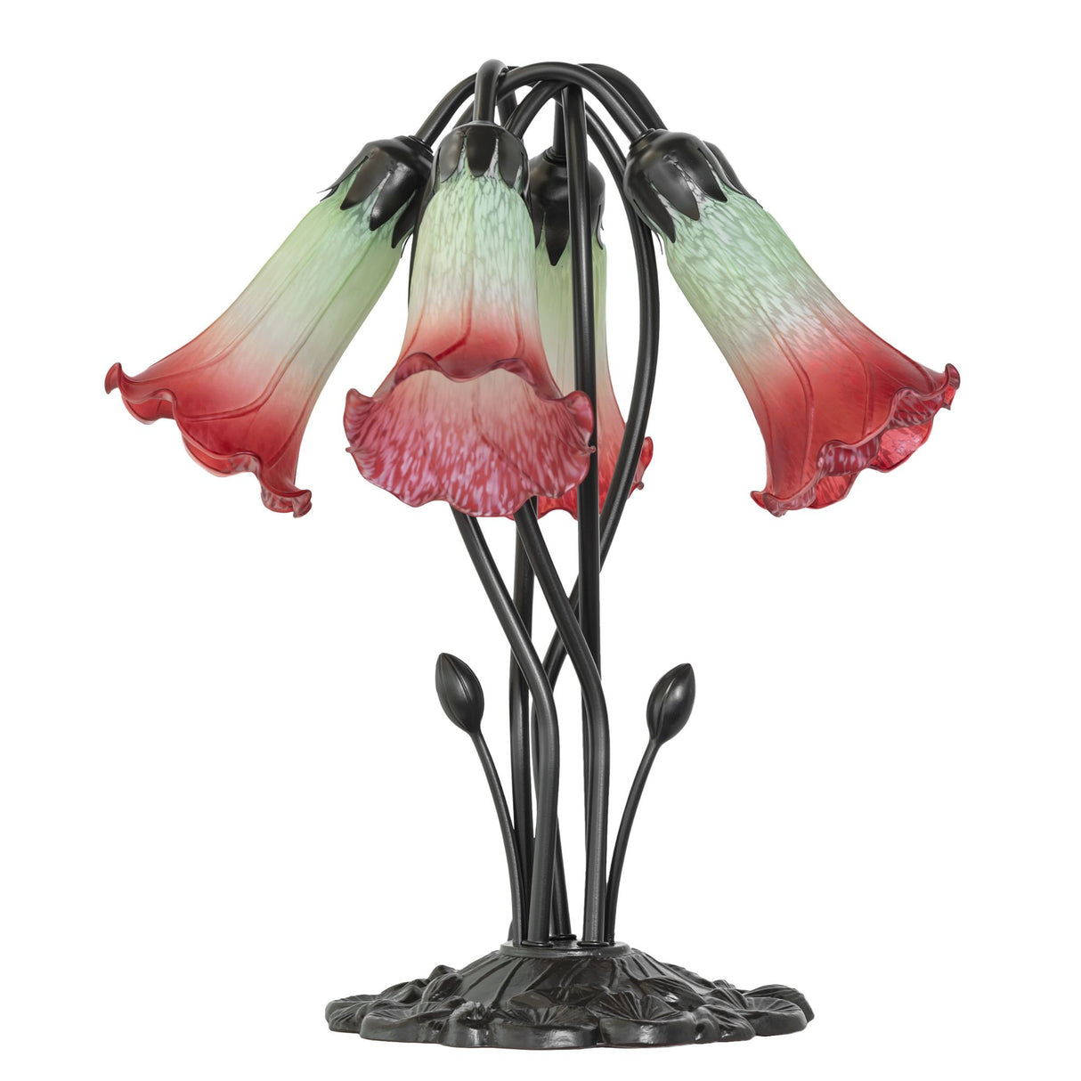 Side view of red and seafoam pond lily table lamp with intricate details.