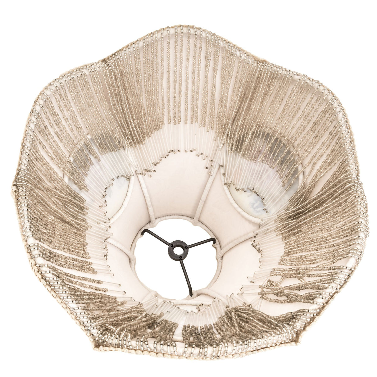 Bottom view of the reverse-painted roses shade with bead details.