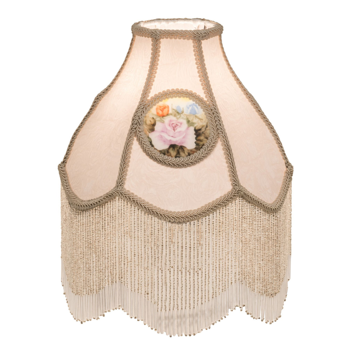 Lit view of the reverse-painted roses shade with beaded fringe.